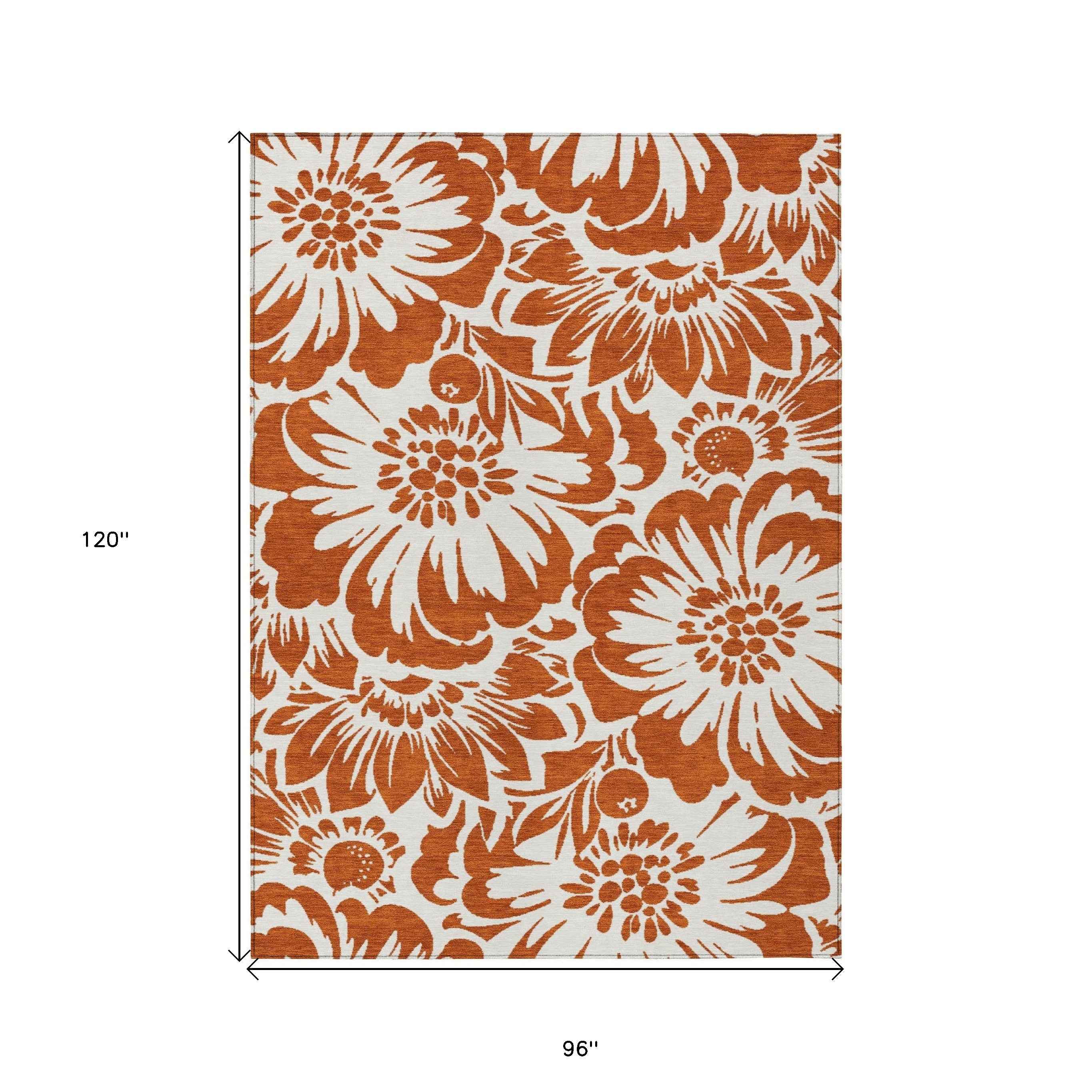8' X 10' Rust and Ivory Floral Washable Non Skid Indoor Outdoor Area Rug