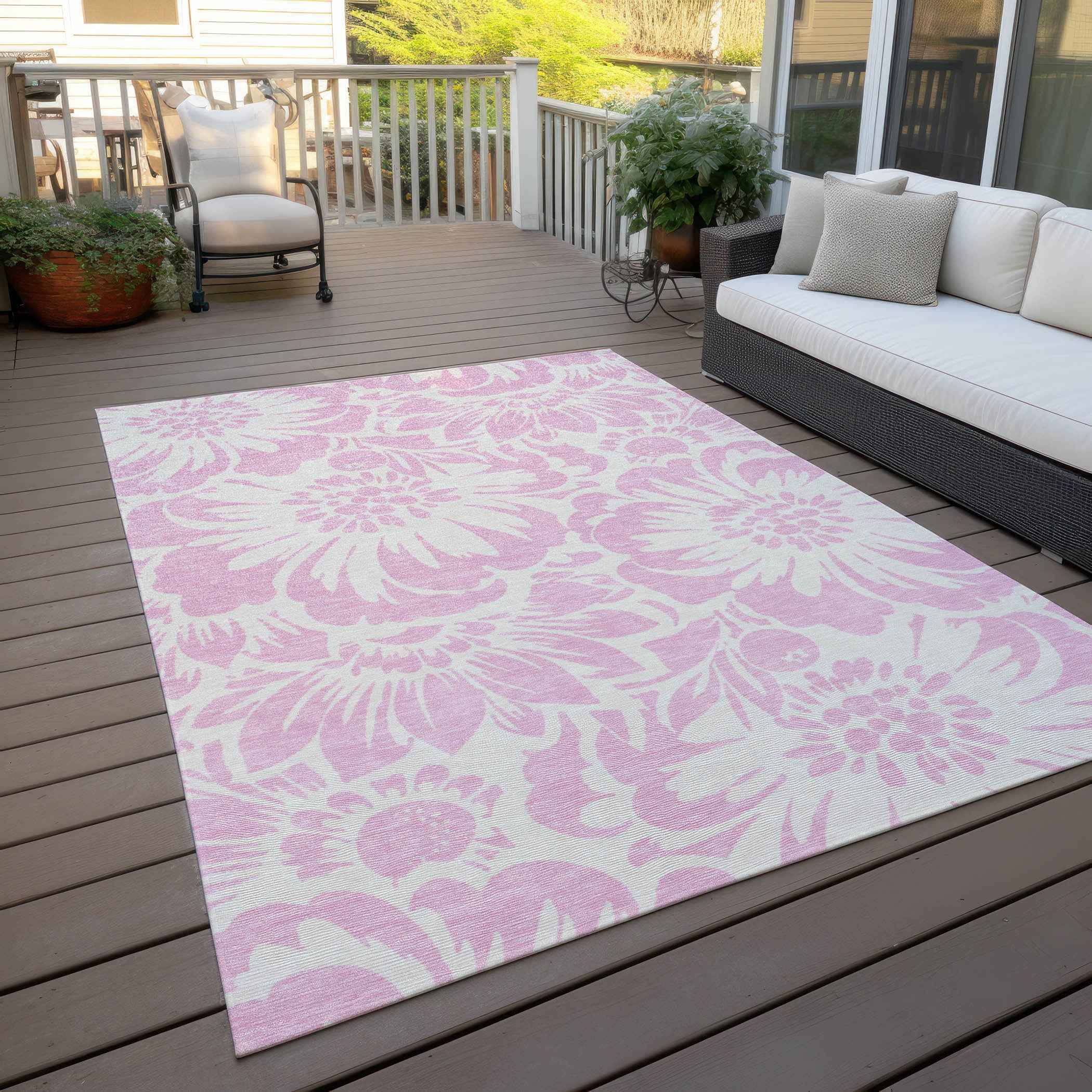8' X 10' Pink and Ivory Floral Washable Non Skid Indoor Outdoor Area Rug