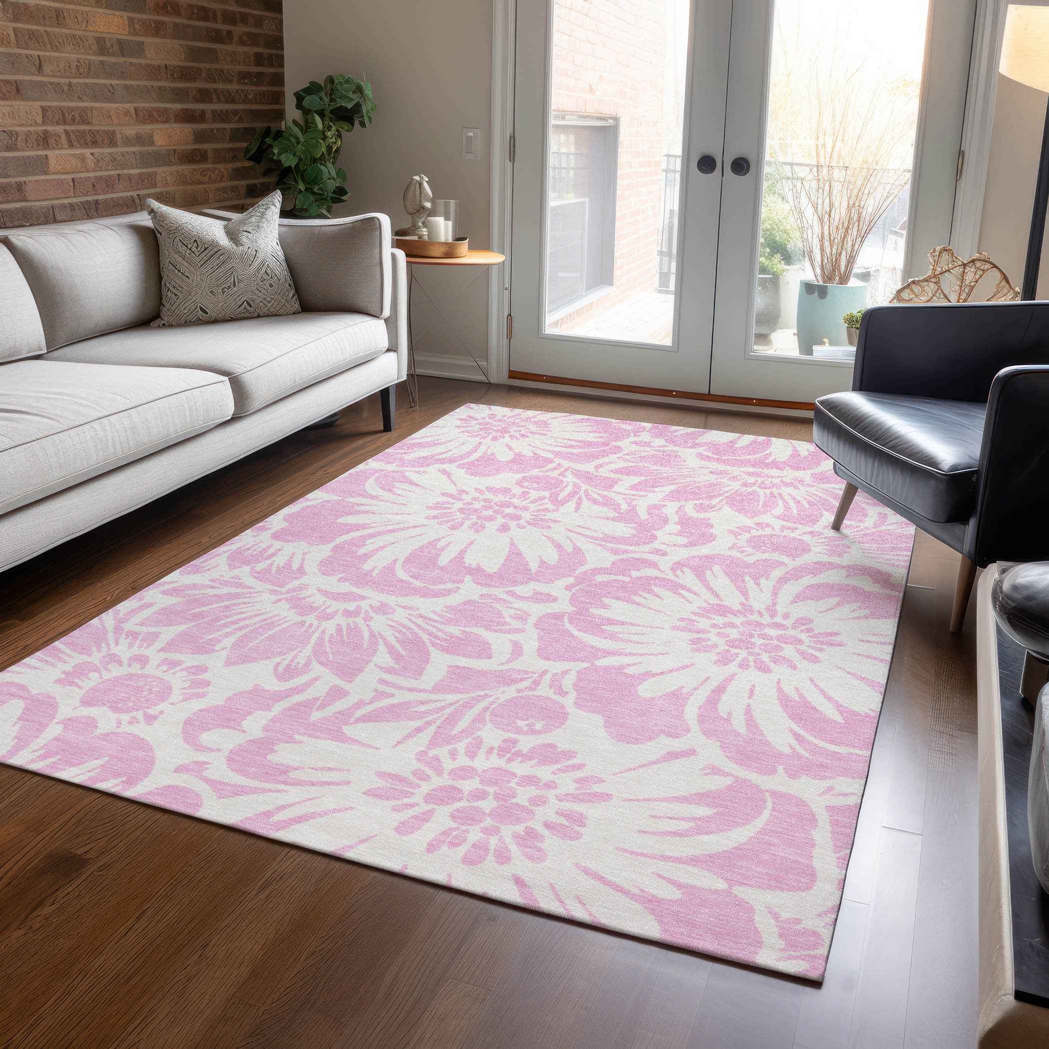 8' X 10' Pink and Ivory Floral Washable Non Skid Indoor Outdoor Area Rug