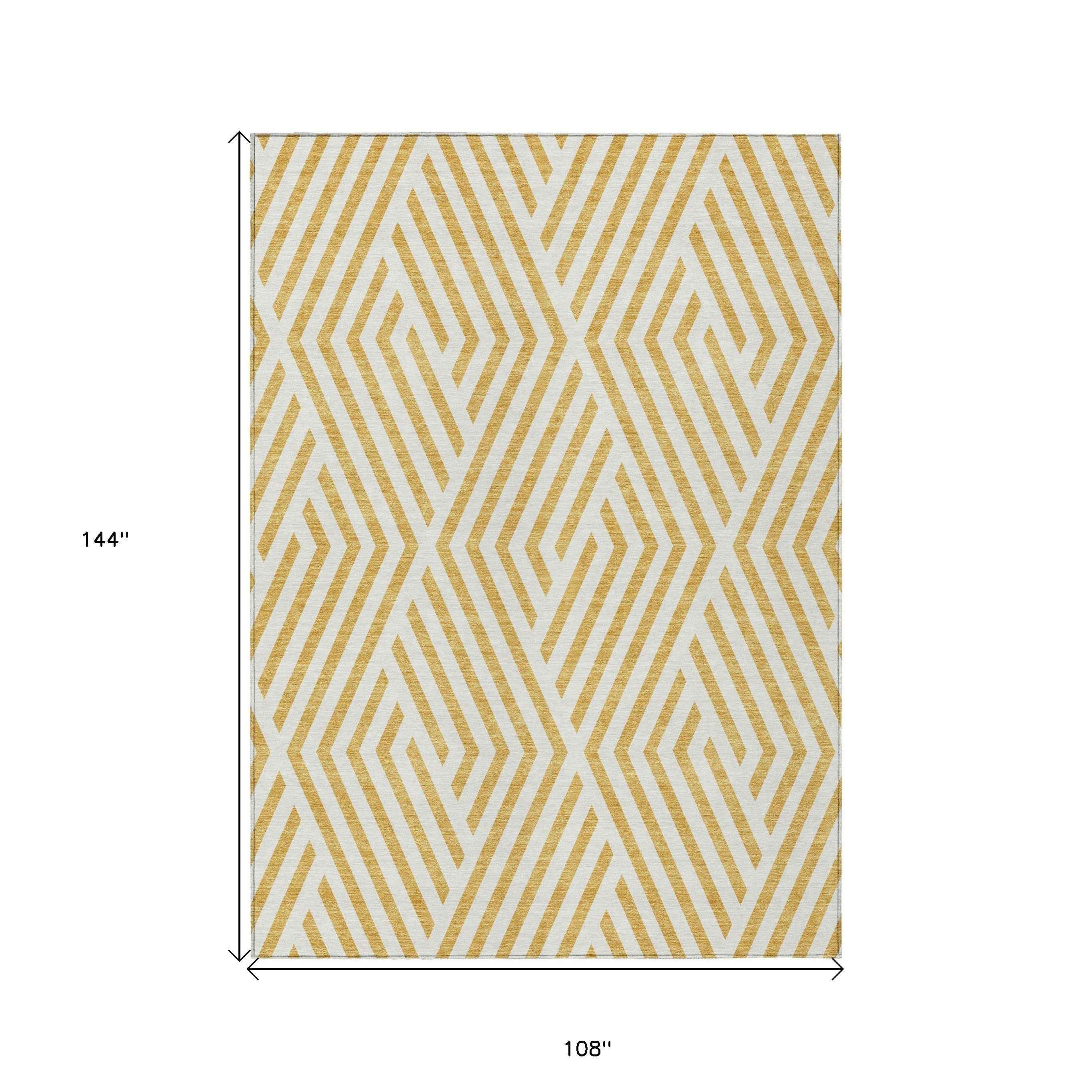 9' X 12' Gold And White Geometric Washable Indoor Outdoor Area Rug