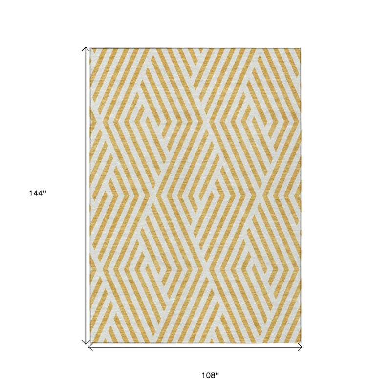 9' X 12' Gold And White Geometric Washable Indoor Outdoor Area Rug