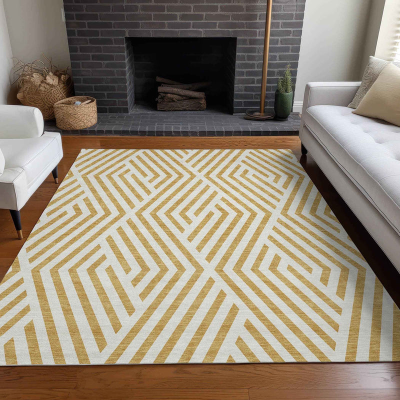 9' X 12' Gold And White Geometric Washable Indoor Outdoor Area Rug