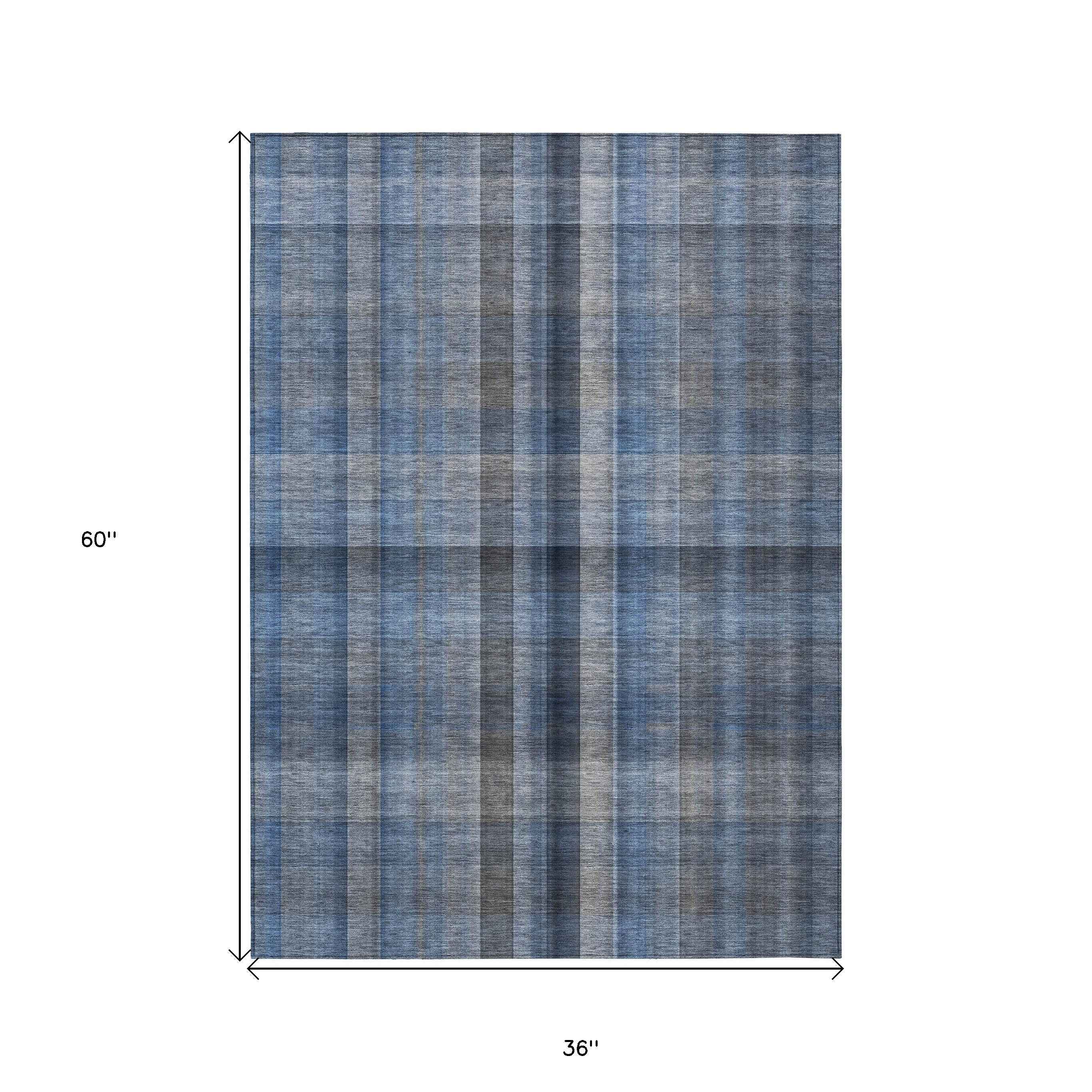 3' X 5' Blue Plaid Washable Non Skid Indoor Outdoor Area Rug