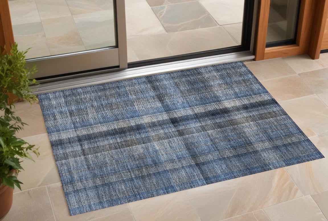 3' X 5' Blue Plaid Washable Non Skid Indoor Outdoor Area Rug
