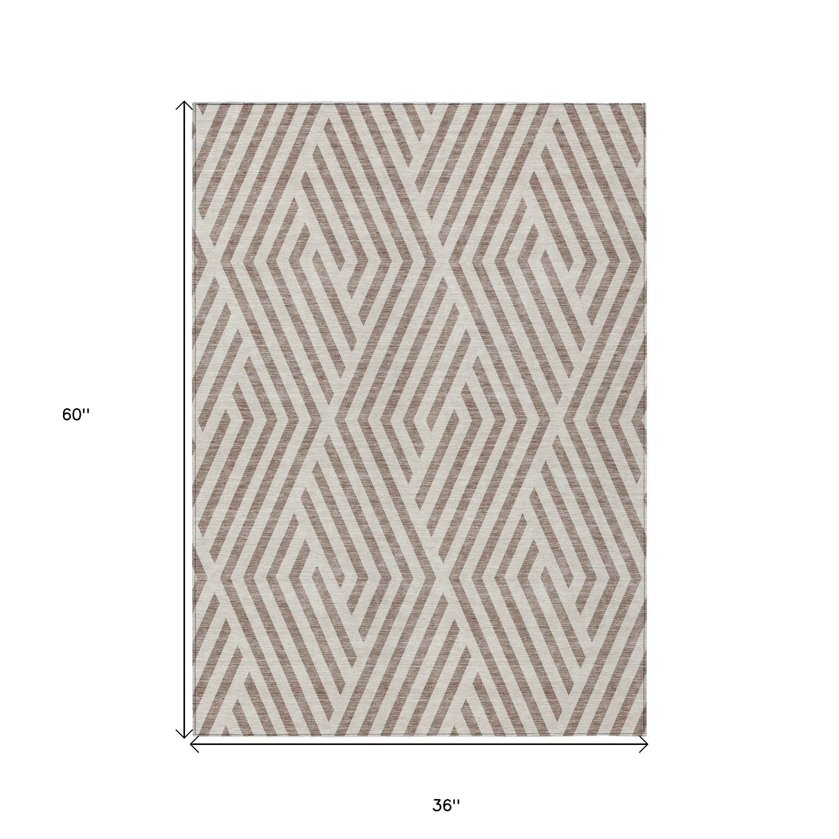 3' X 5' Taupe and Ivory Geometric Washable Non Skid Indoor Outdoor Area Rug