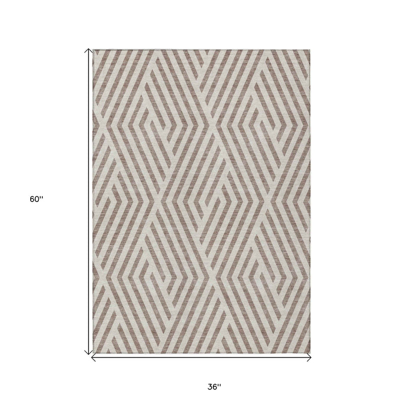 3' X 5' Taupe and Ivory Geometric Washable Non Skid Indoor Outdoor Area Rug