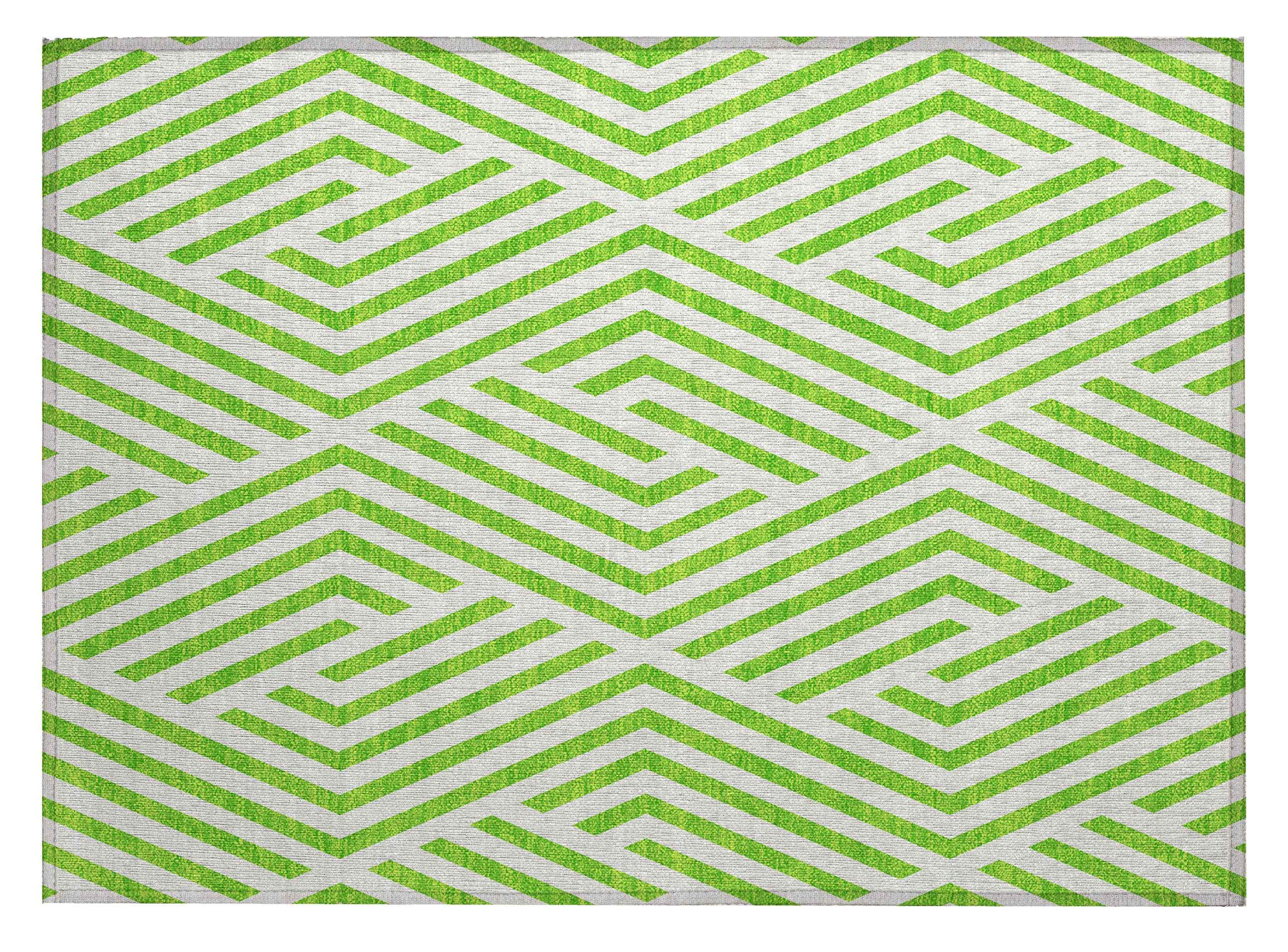 2' X 3' Lime Green and White Geometric Washable Non Skid Indoor Outdoor Area Rug