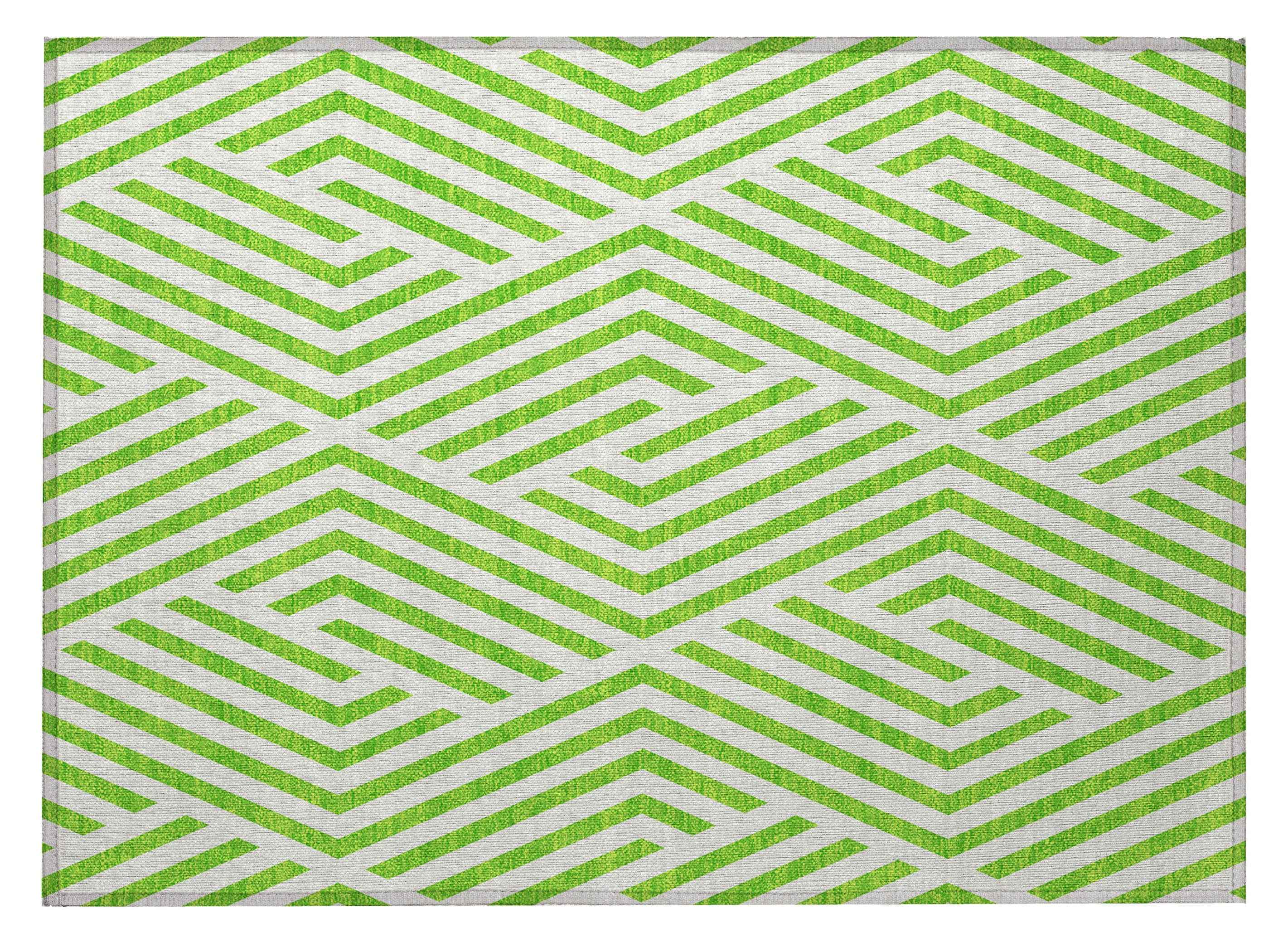 2' X 3' Lime Green and White Geometric Washable Non Skid Indoor Outdoor Area Rug