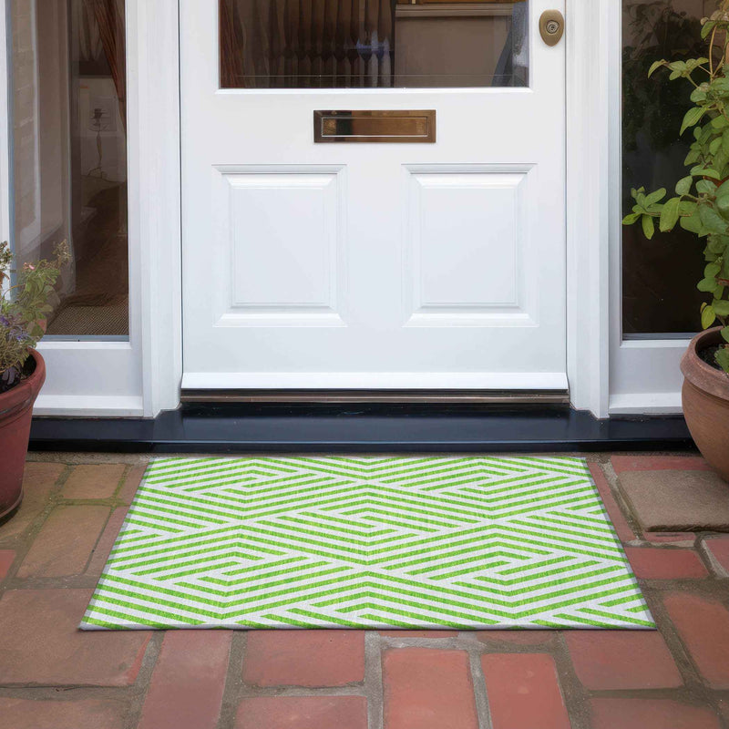 2' X 3' Lime Green and White Geometric Washable Non Skid Indoor Outdoor Area Rug