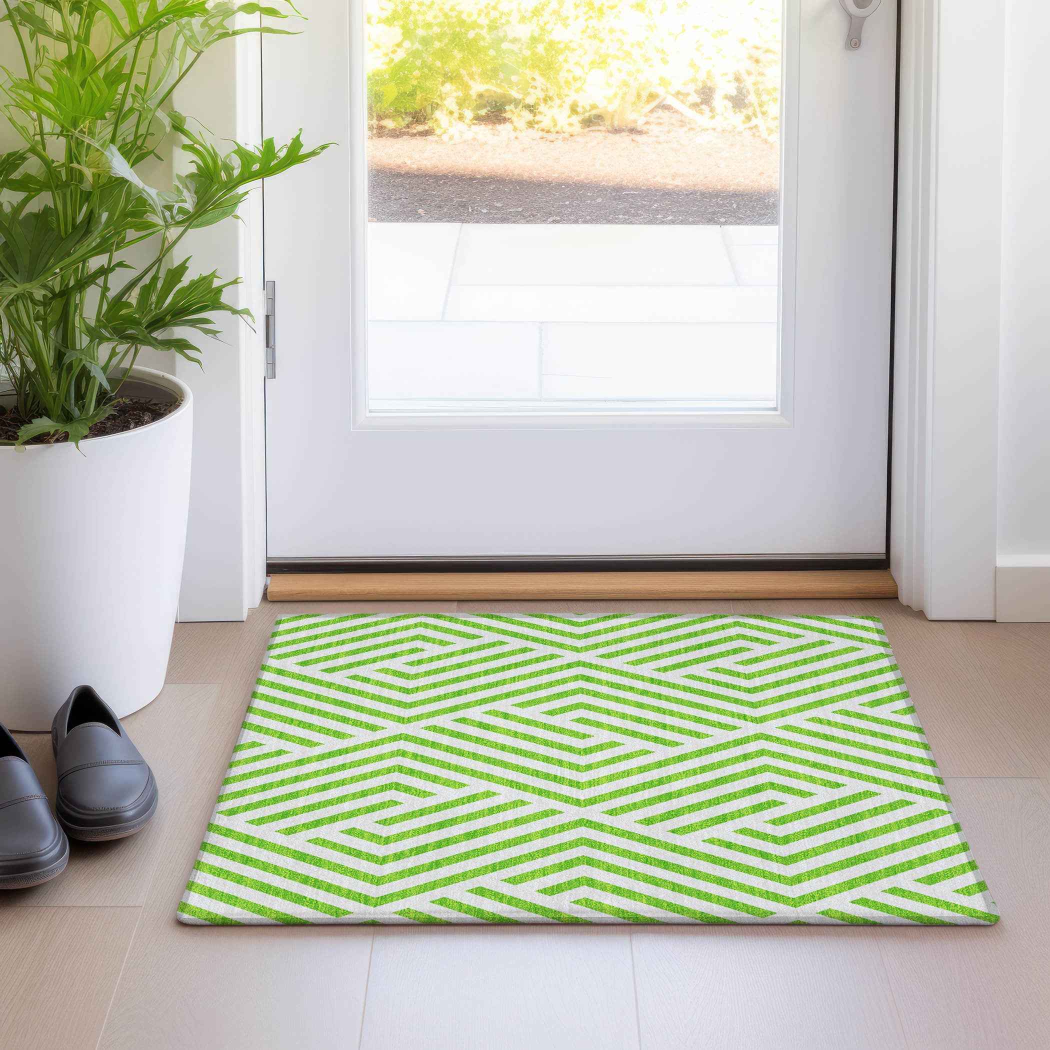 2' X 3' Lime Green and White Geometric Washable Non Skid Indoor Outdoor Area Rug