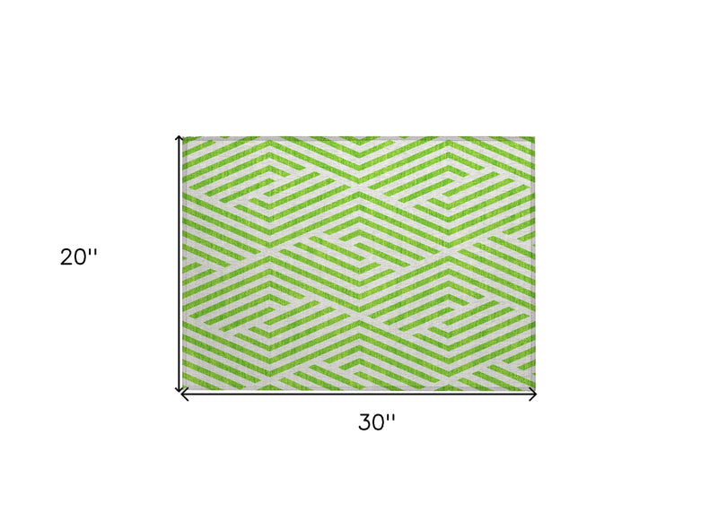 2' X 3' Lime Green and White Geometric Washable Non Skid Indoor Outdoor Area Rug