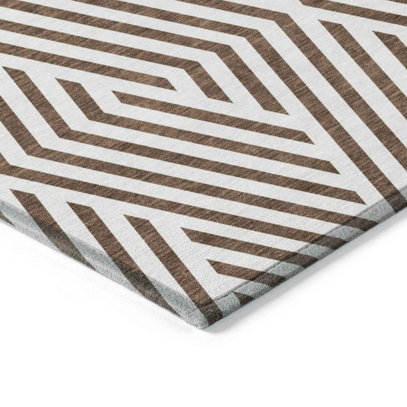 3' X 5' Brown and White Geometric Washable Non Skid Indoor Outdoor Area Rug