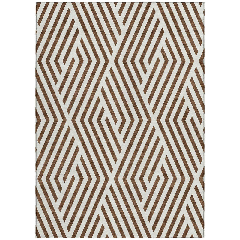3' X 5' Brown and White Geometric Washable Non Skid Indoor Outdoor Area Rug