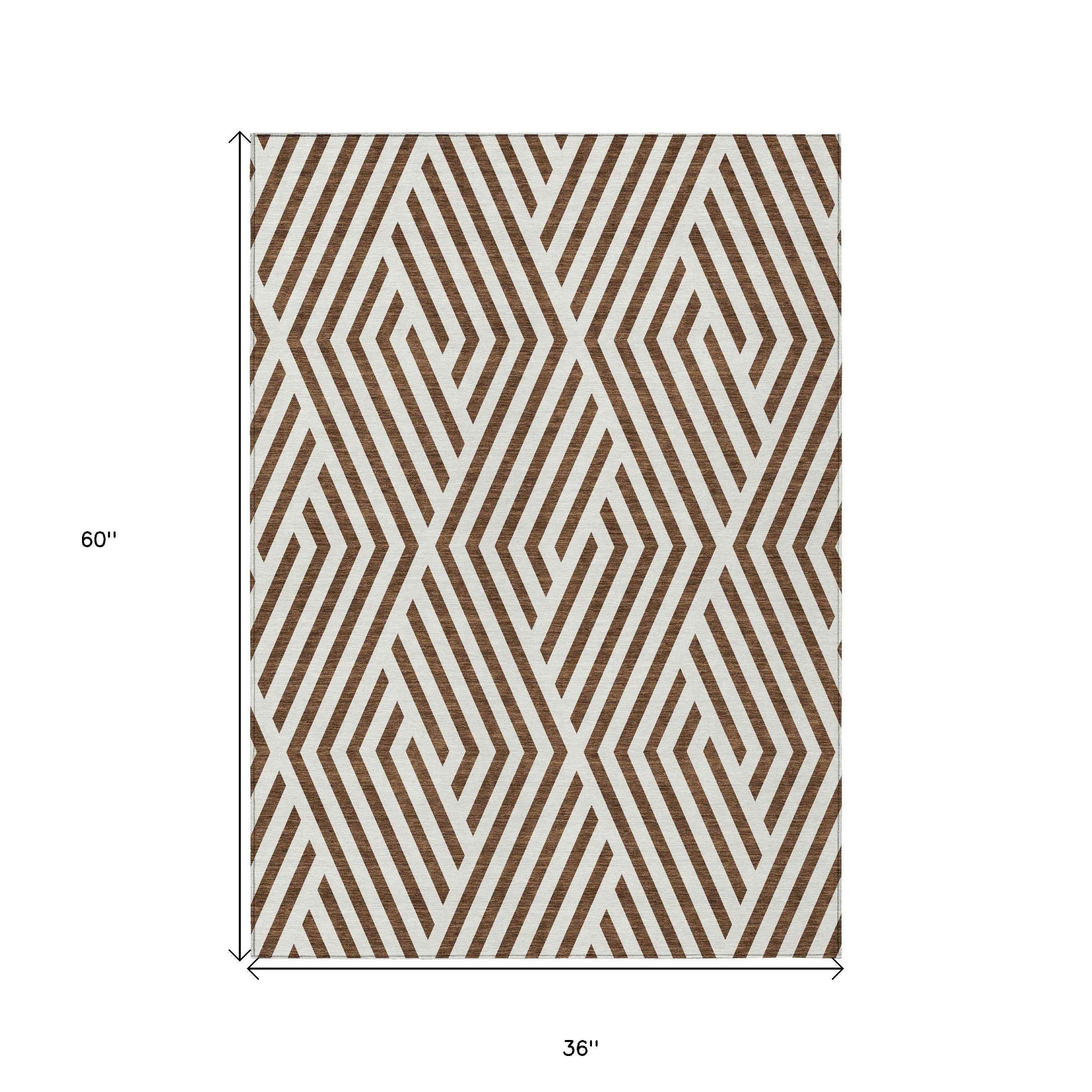 3' X 5' Brown and White Geometric Washable Non Skid Indoor Outdoor Area Rug