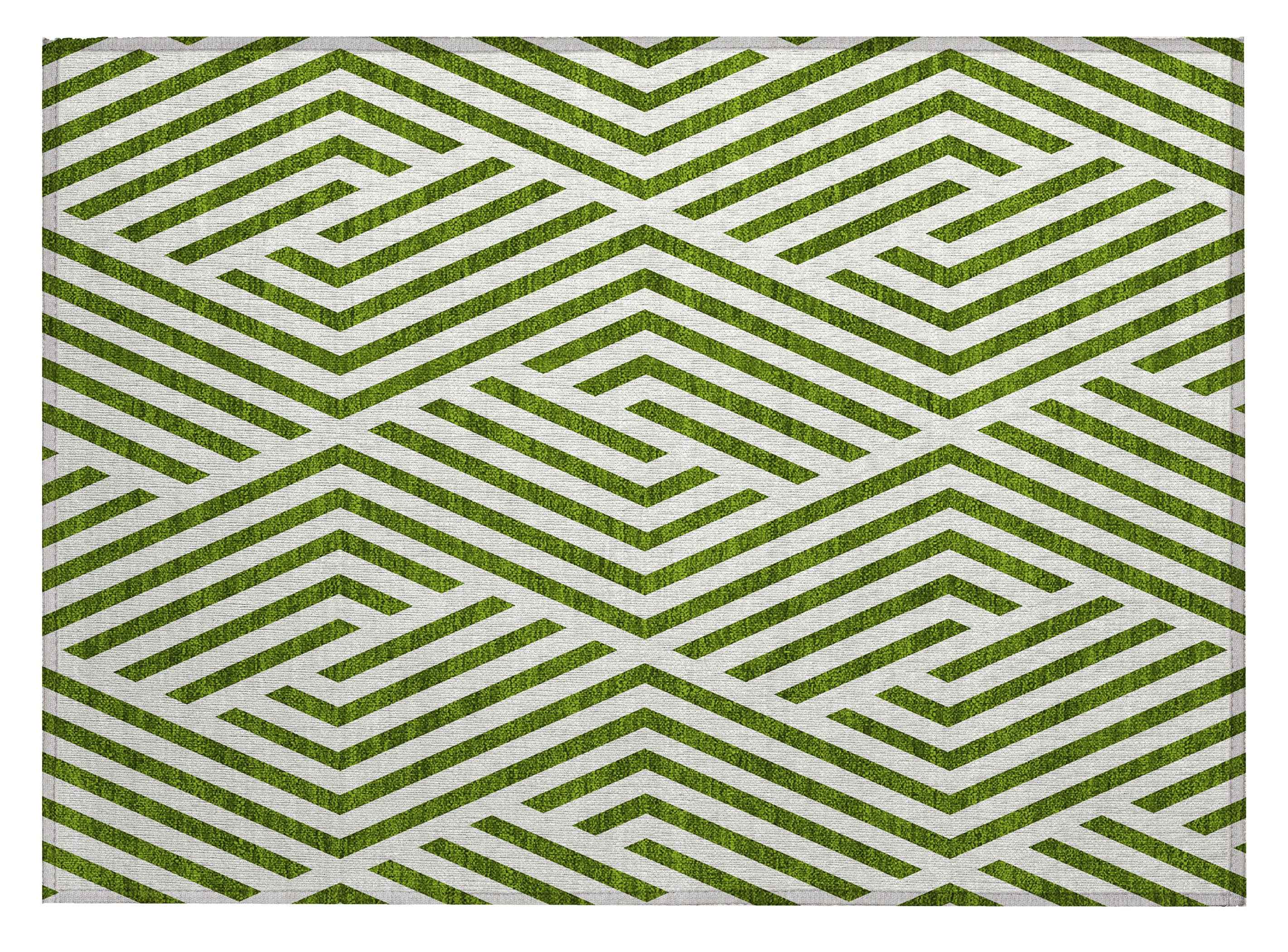 2' X 3' Lime Green and White Geometric Washable Non Skid Indoor Outdoor Area Rug