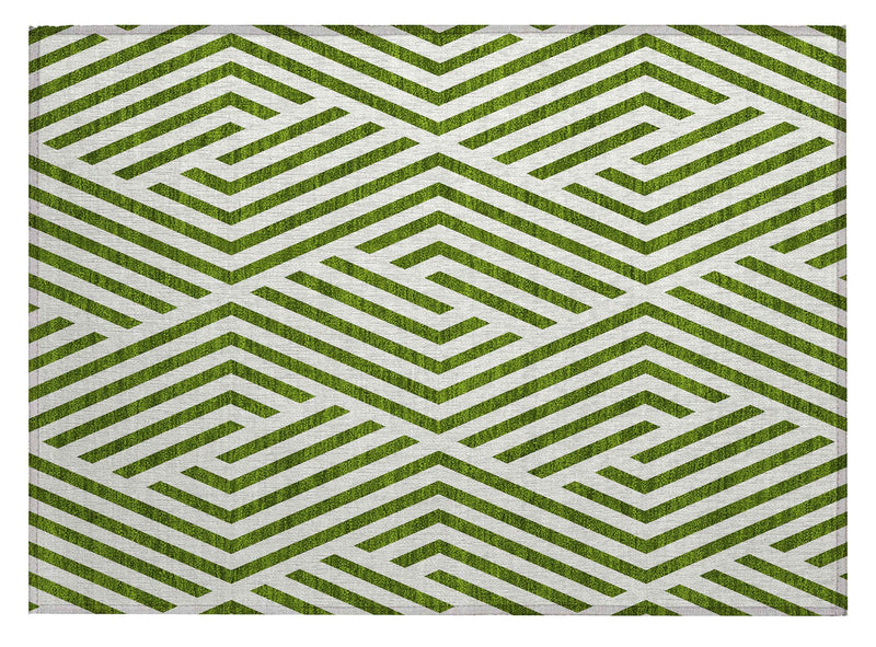 2' X 3' Lime Green and White Geometric Washable Non Skid Indoor Outdoor Area Rug