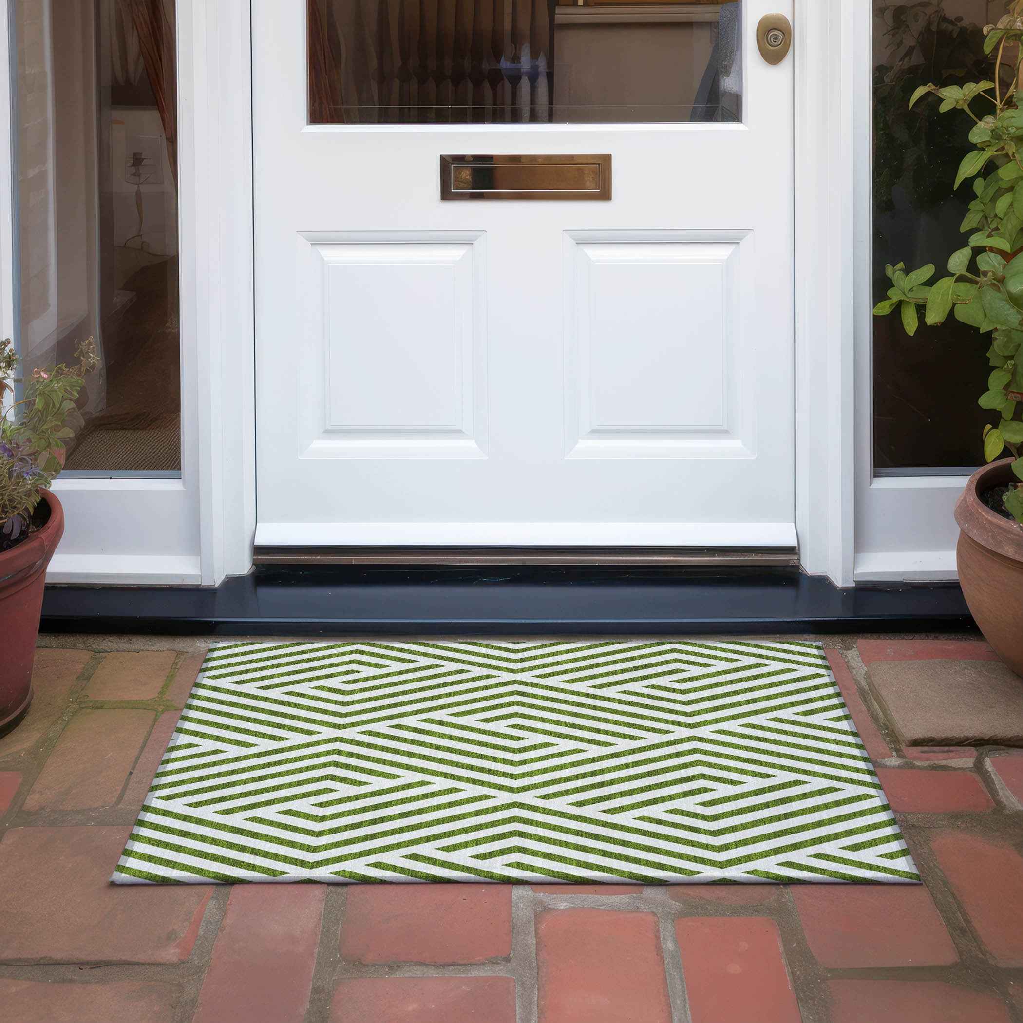 2' X 3' Lime Green and White Geometric Washable Non Skid Indoor Outdoor Area Rug