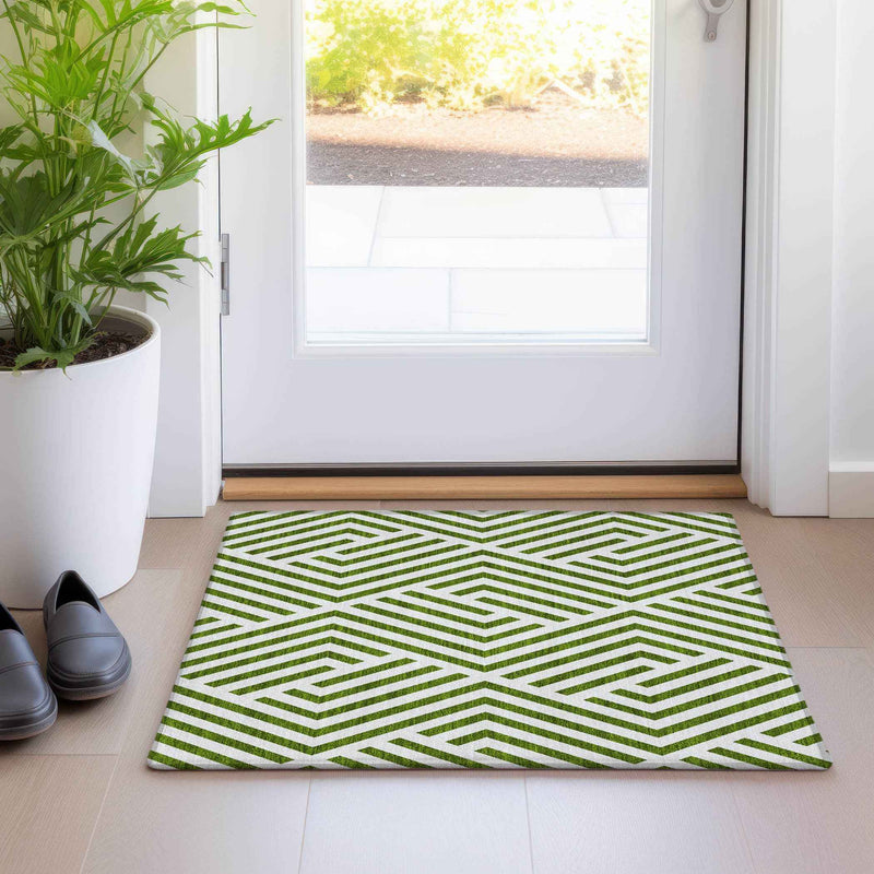 2' X 3' Lime Green and White Geometric Washable Non Skid Indoor Outdoor Area Rug