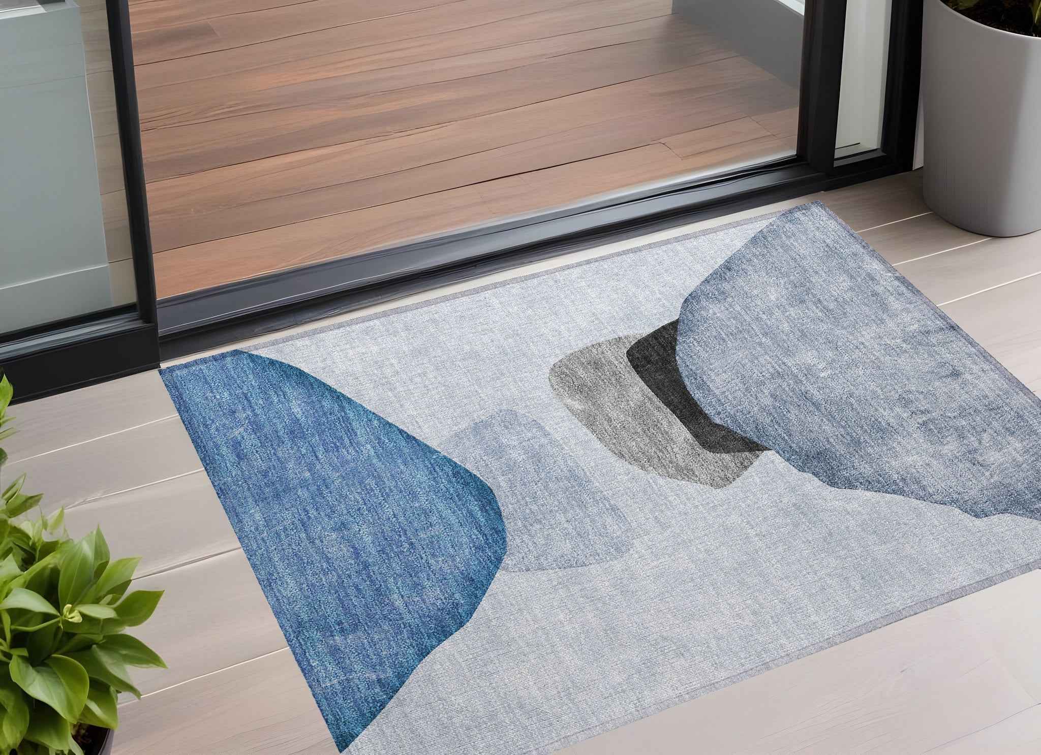 2' X 3' Blue Gray and Black Abstract Washable Non Skid Indoor Outdoor Area Rug