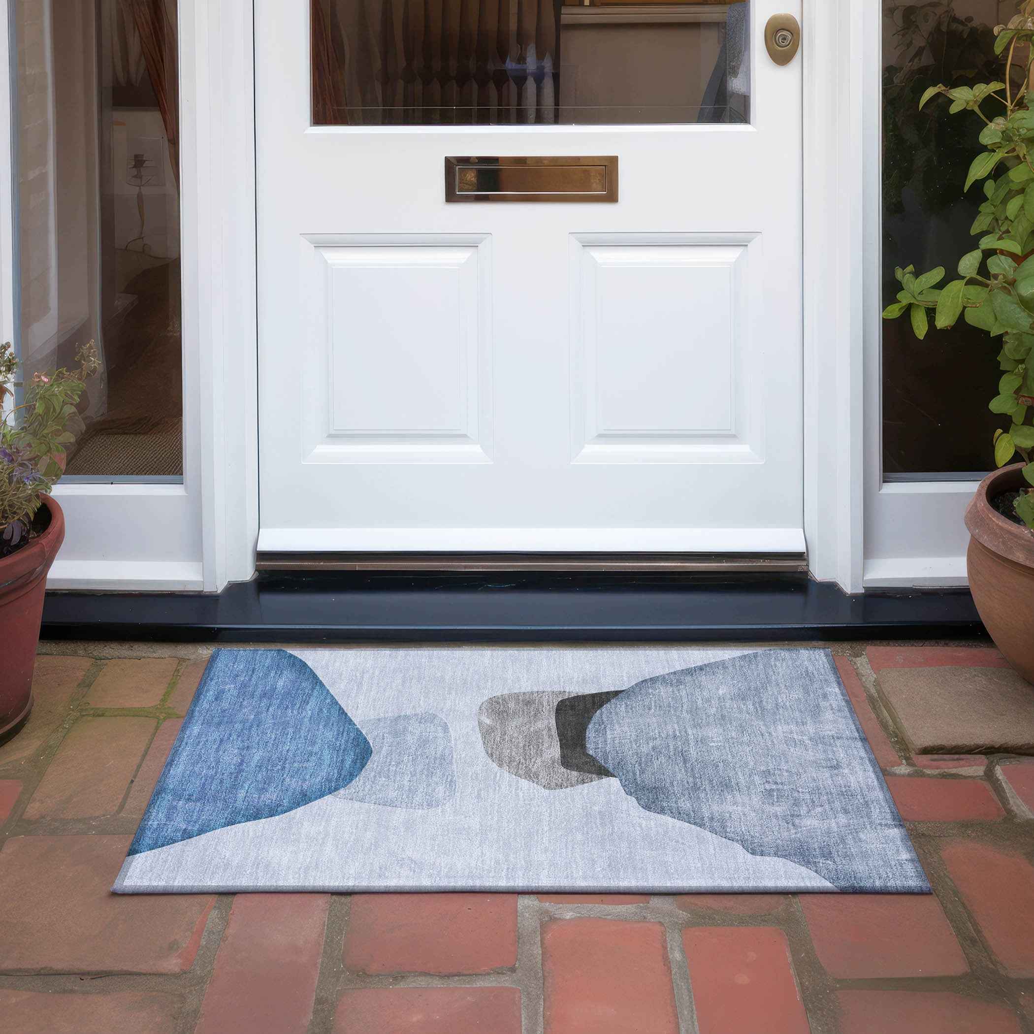 2' X 3' Blue Gray and Black Abstract Washable Non Skid Indoor Outdoor Area Rug