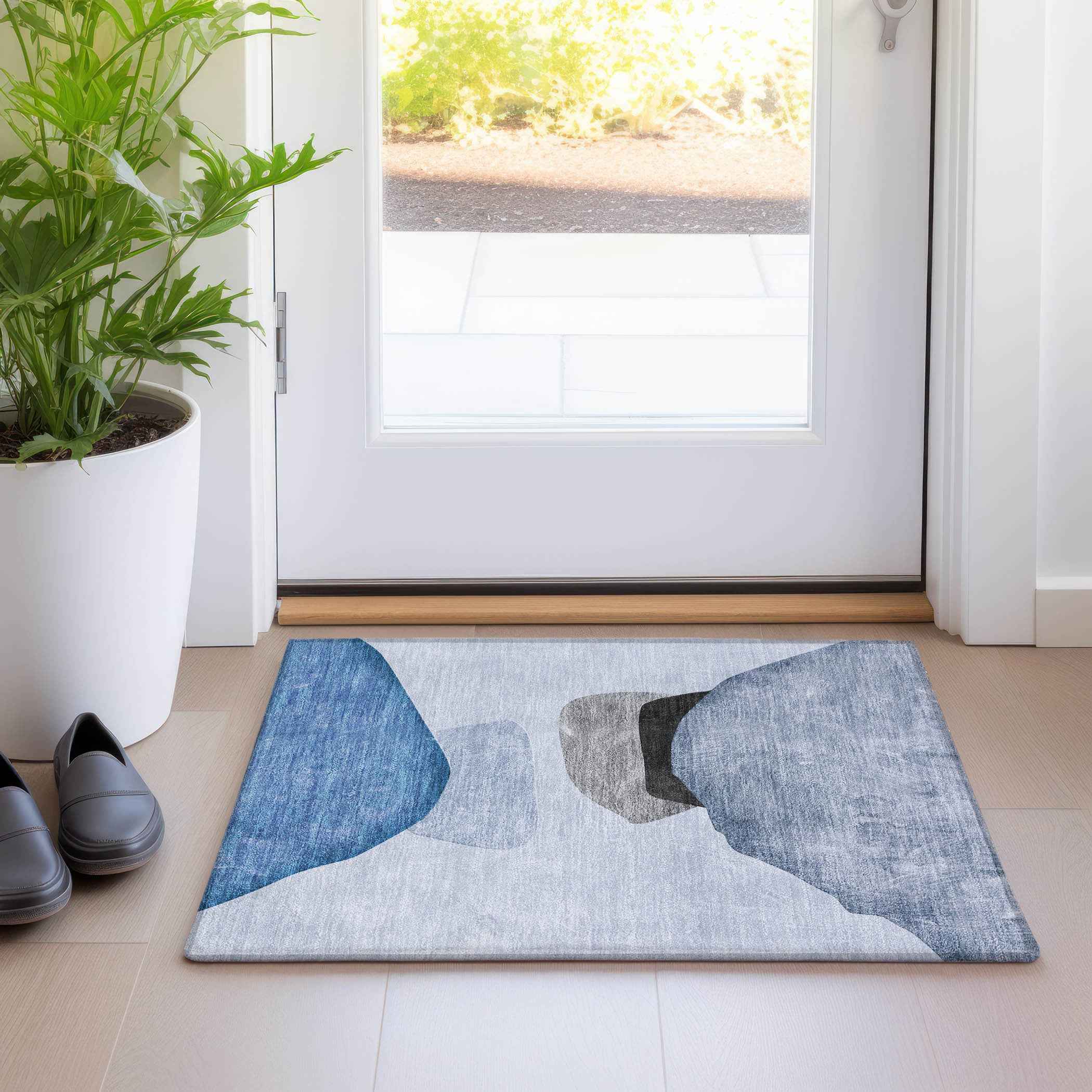 2' X 3' Blue Gray and Black Abstract Washable Non Skid Indoor Outdoor Area Rug