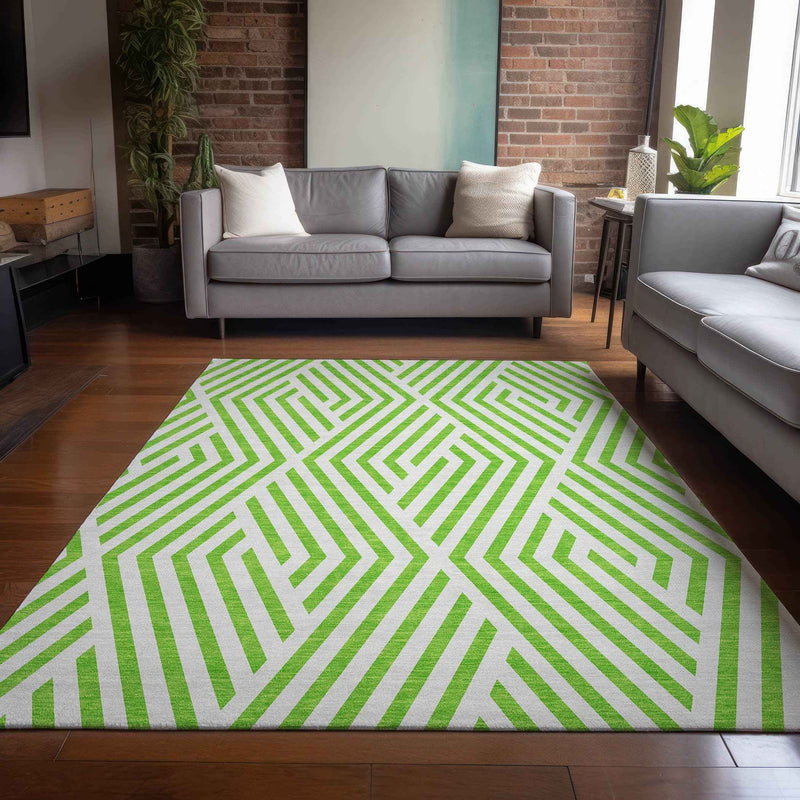 5' X 8' Lime Green and White Geometric Washable Non Skid Indoor Outdoor Area Rug
