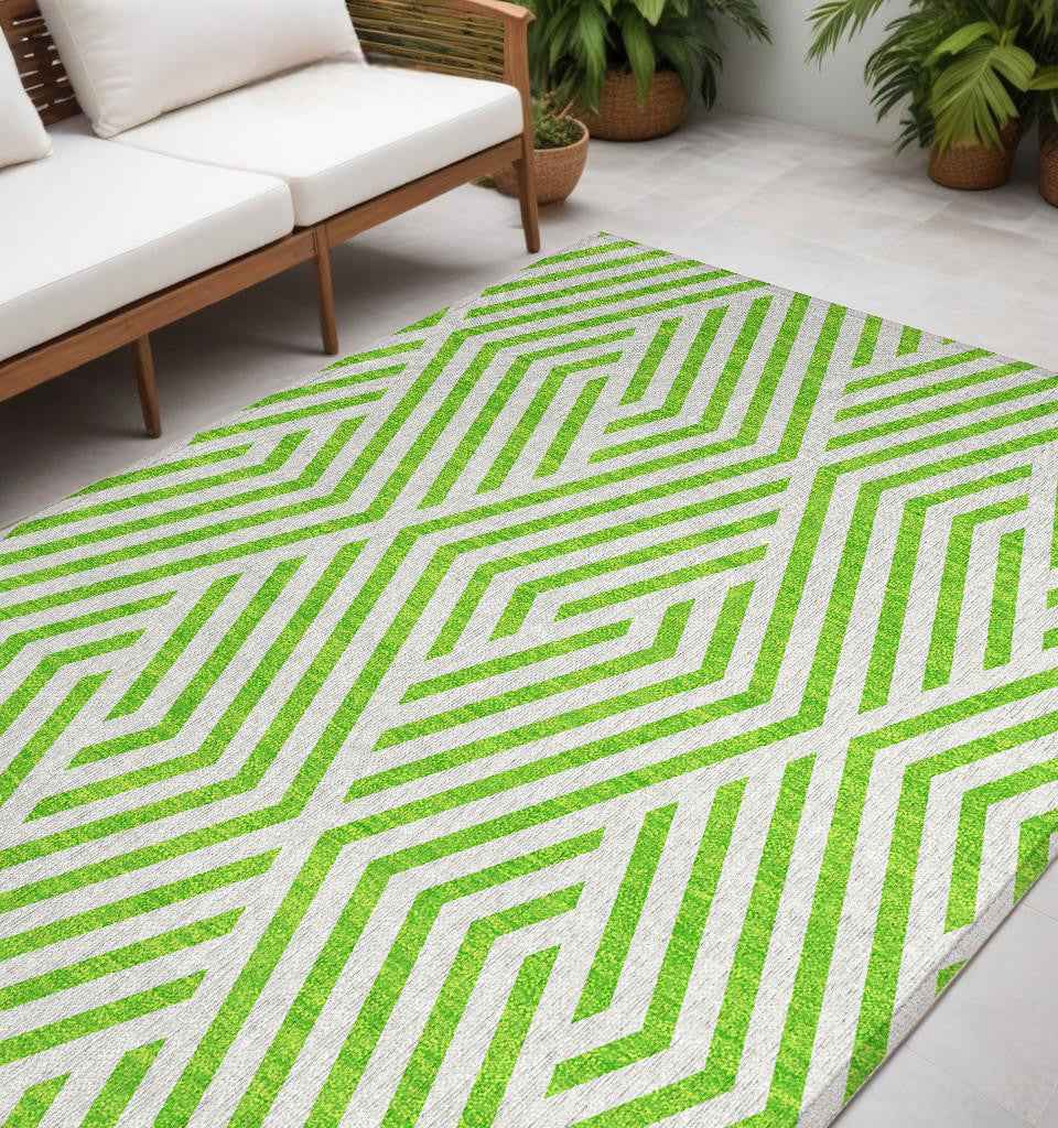 5' X 8' Lime Green and White Geometric Washable Non Skid Indoor Outdoor Area Rug