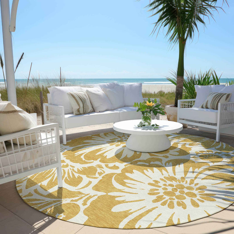 8' Round Gold and White Round Floral Washable Non Skid Indoor Outdoor Area Rug