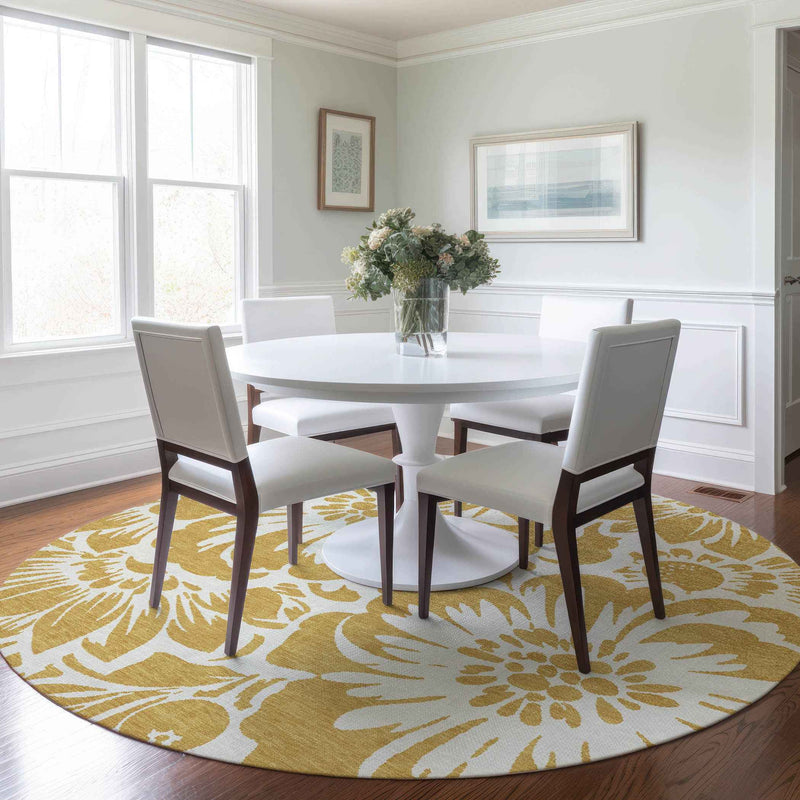 8' Round Gold and White Round Floral Washable Non Skid Indoor Outdoor Area Rug