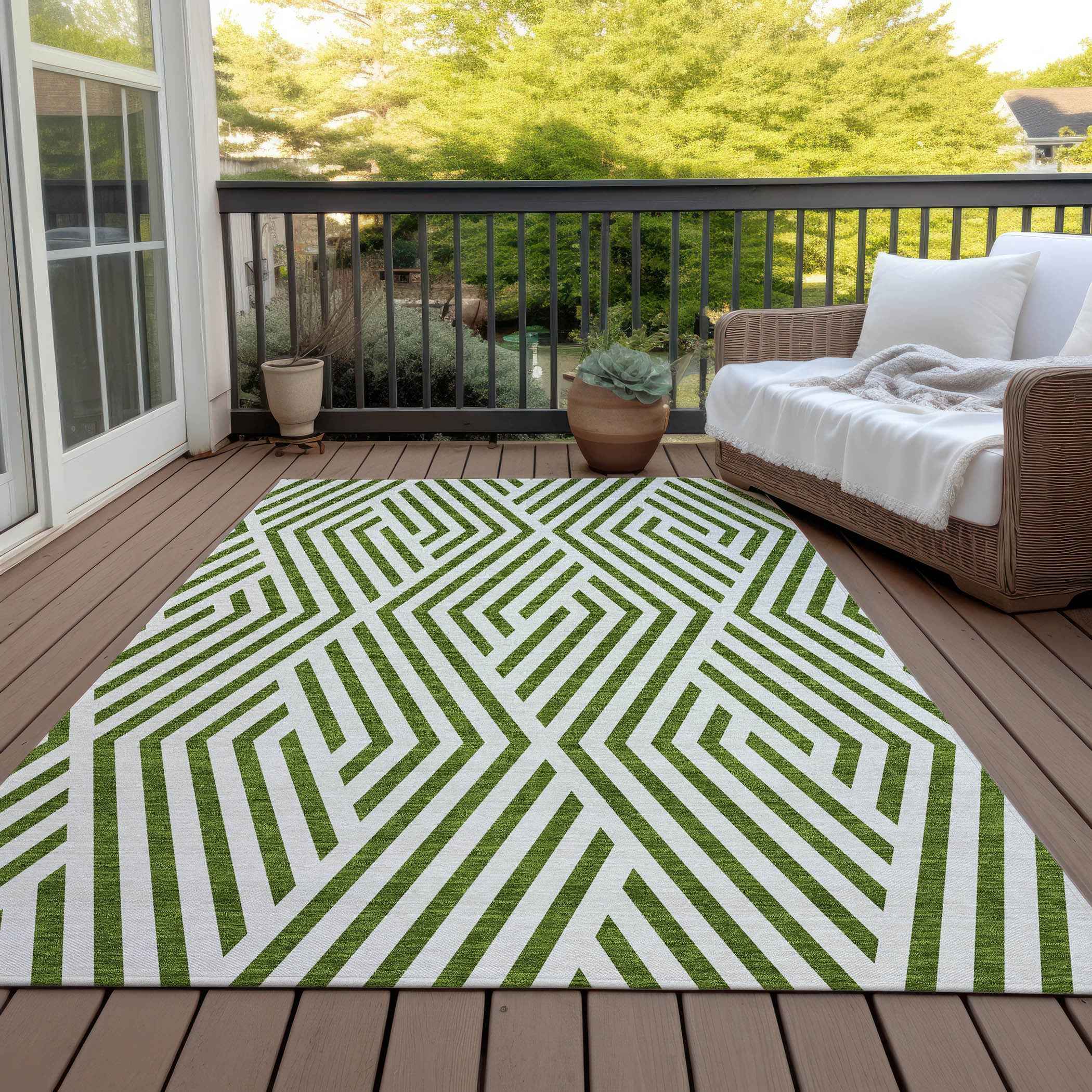 3' X 5' Lime Green and White Geometric Washable Non Skid Indoor Outdoor Area Rug