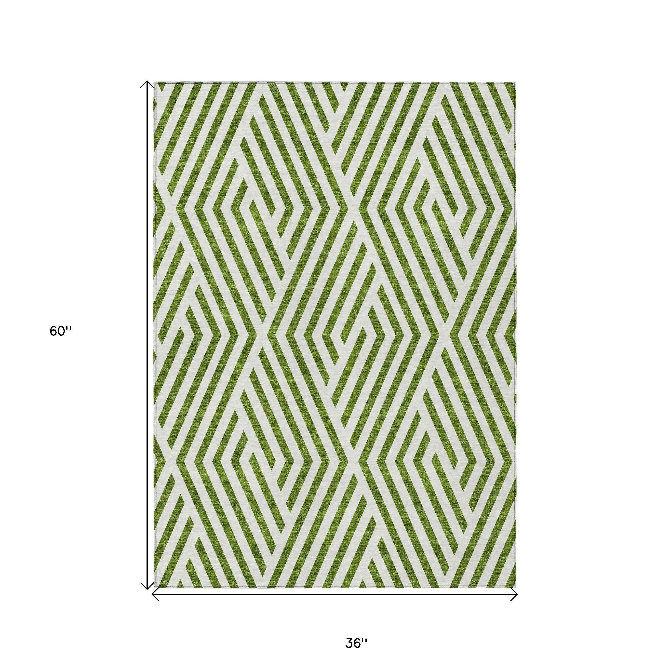 3' X 5' Lime Green and White Geometric Washable Non Skid Indoor Outdoor Area Rug