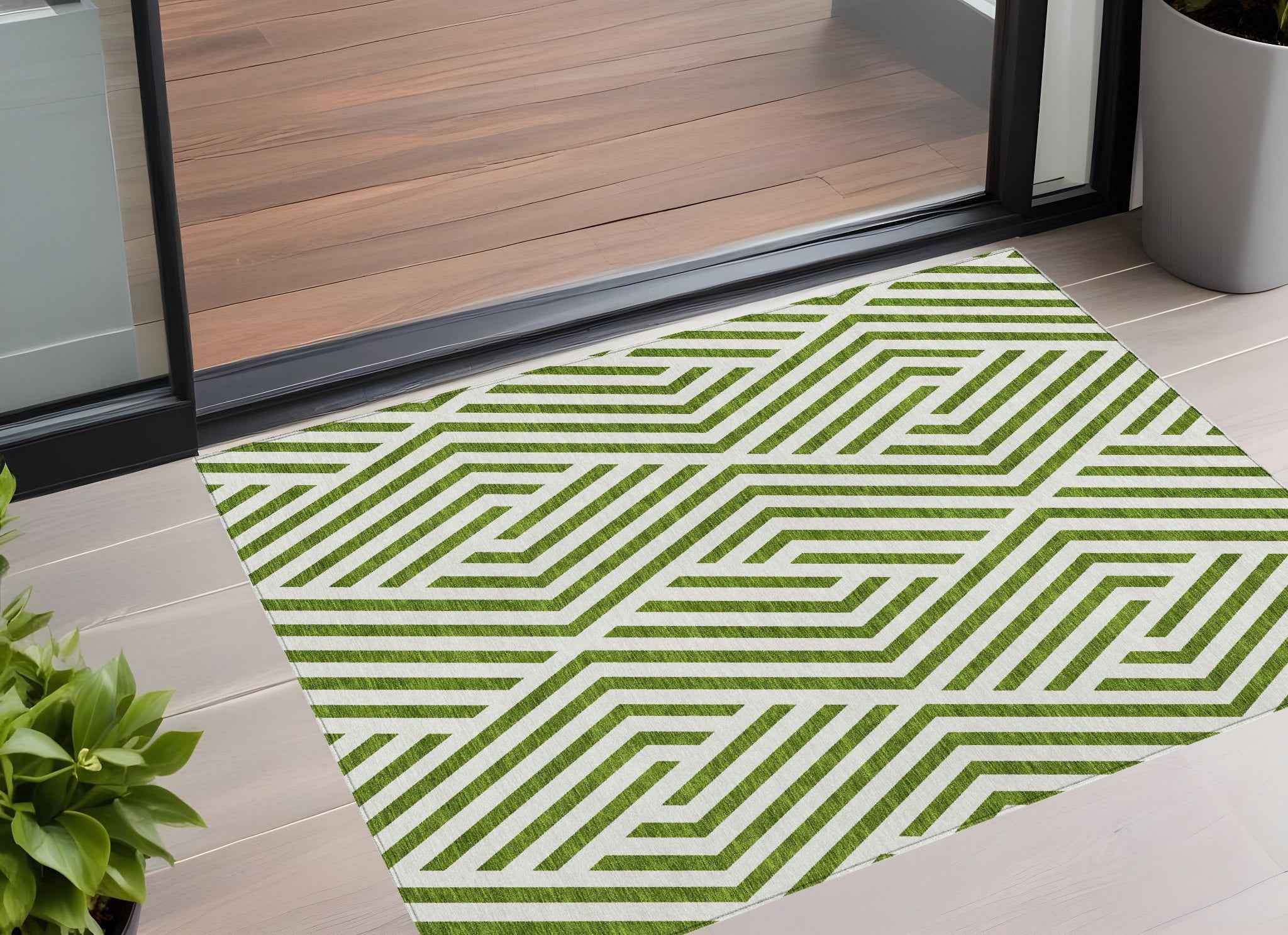 3' X 5' Lime Green and White Geometric Washable Non Skid Indoor Outdoor Area Rug