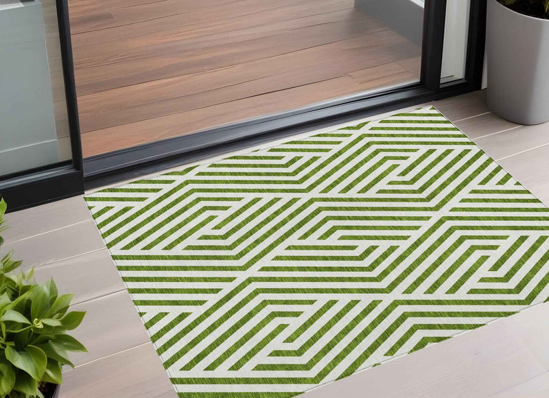 3' X 5' Lime Green and White Geometric Washable Non Skid Indoor Outdoor Area Rug