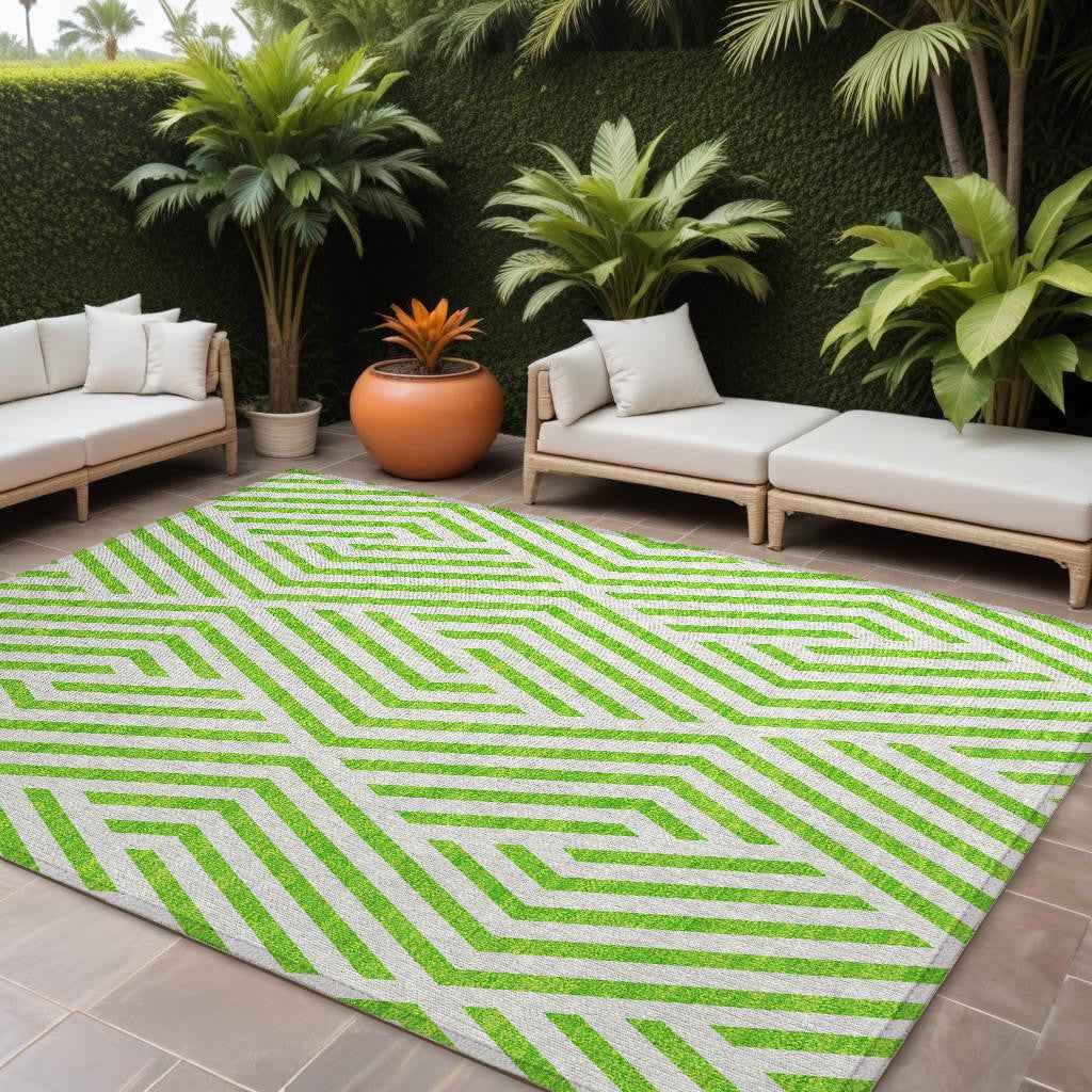 8' X 10' Lime Green and White Geometric Washable Non Skid Indoor Outdoor Area Rug
