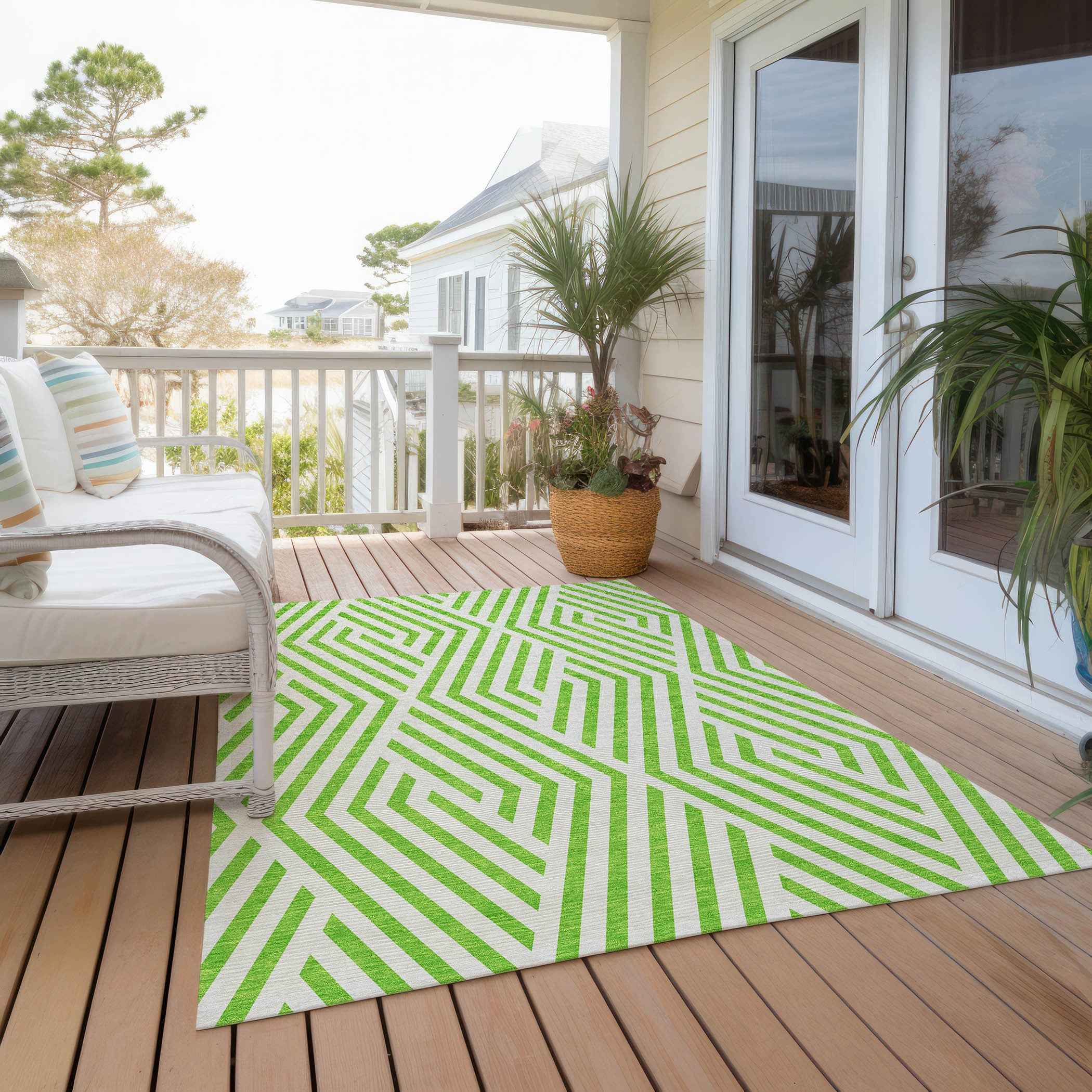 8' X 10' Lime Green and White Geometric Washable Non Skid Indoor Outdoor Area Rug