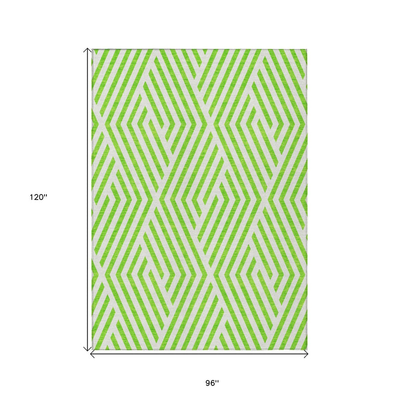 8' X 10' Lime Green and White Geometric Washable Non Skid Indoor Outdoor Area Rug