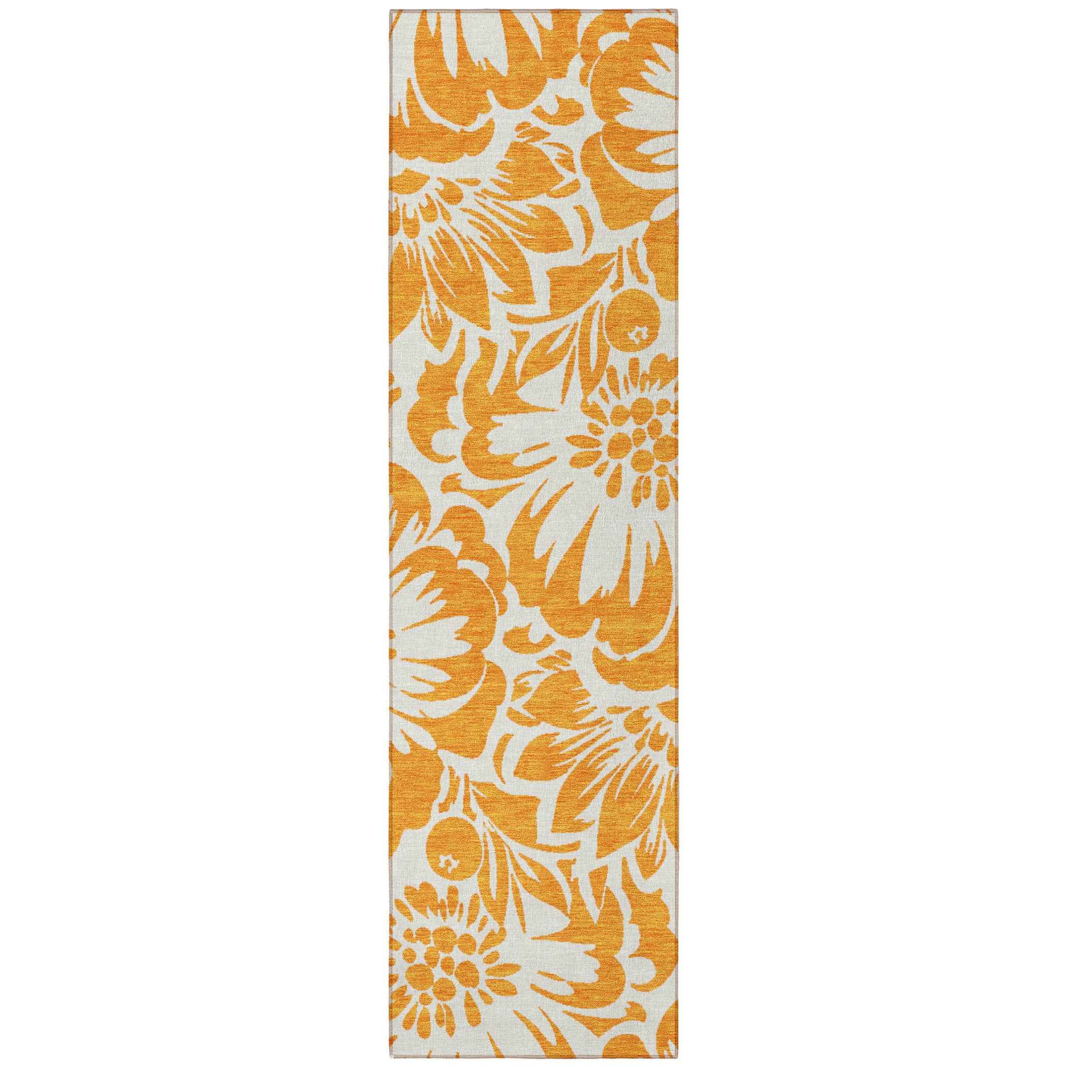 8' Runner Orange and White Floral Washable Non Skid Indoor Outdoor Runner Rug