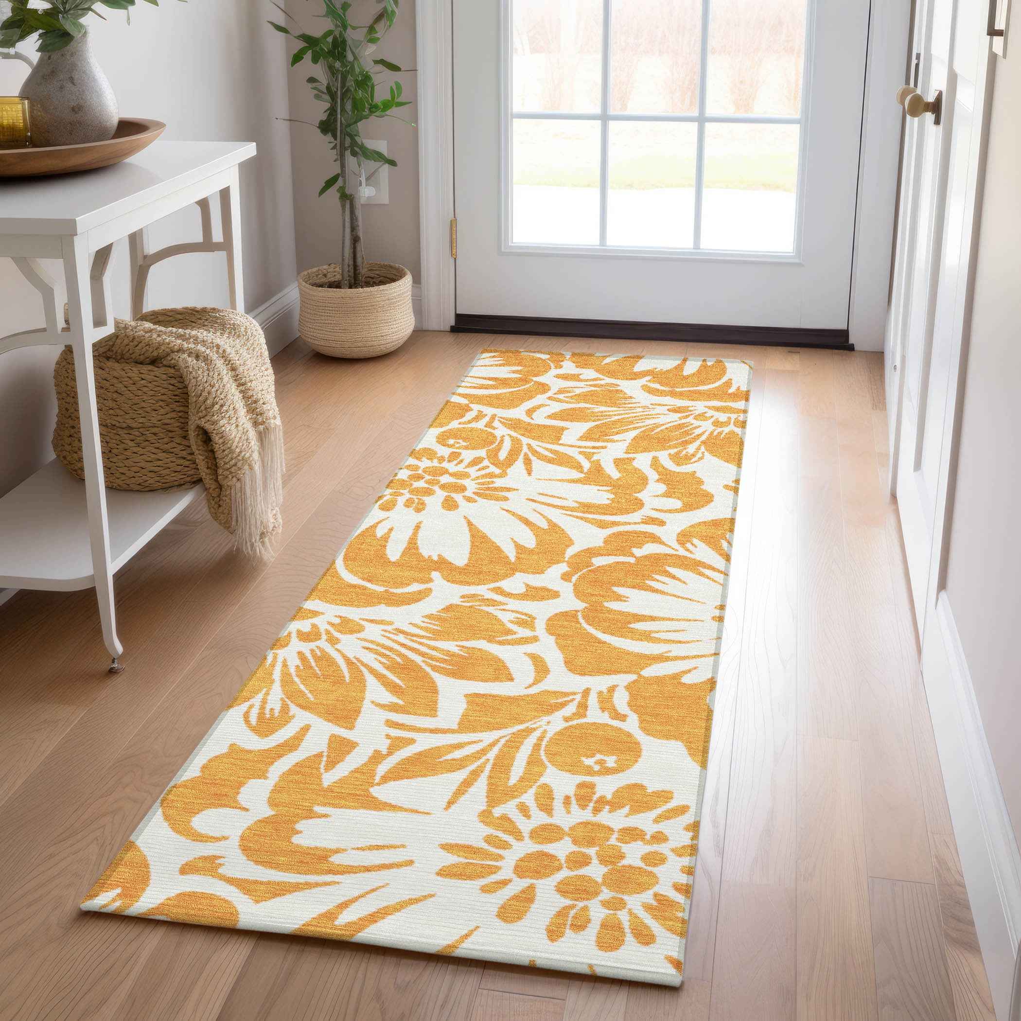 8' Runner Orange and White Floral Washable Non Skid Indoor Outdoor Runner Rug