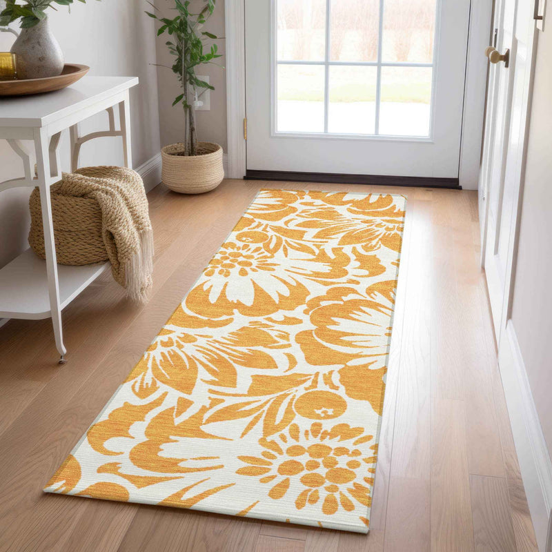 8' Runner Orange and White Floral Washable Non Skid Indoor Outdoor Runner Rug