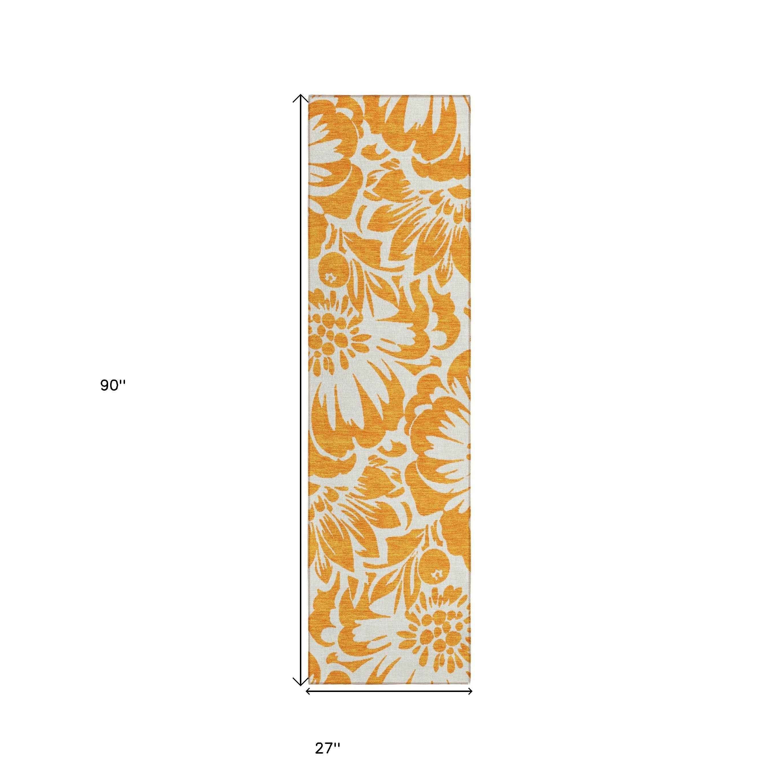 8' Runner Orange and White Floral Washable Non Skid Indoor Outdoor Runner Rug