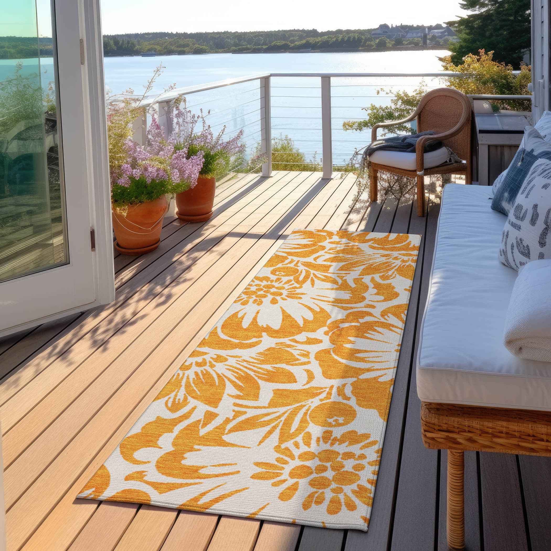 8' Runner Orange and White Floral Washable Non Skid Indoor Outdoor Runner Rug
