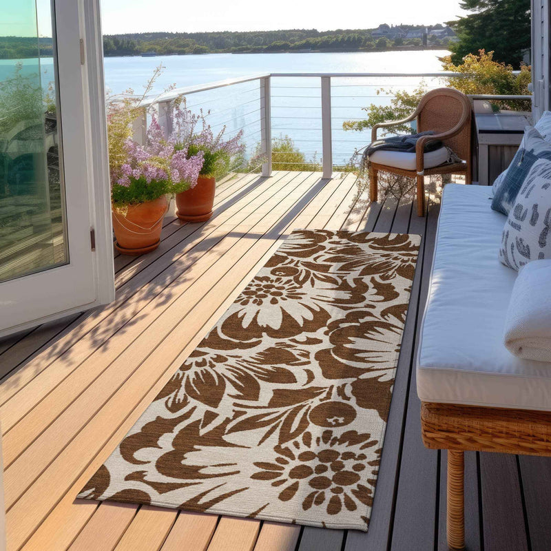 8' Brown And Ivory Floral Washable Indoor Outdoor Runner Rug