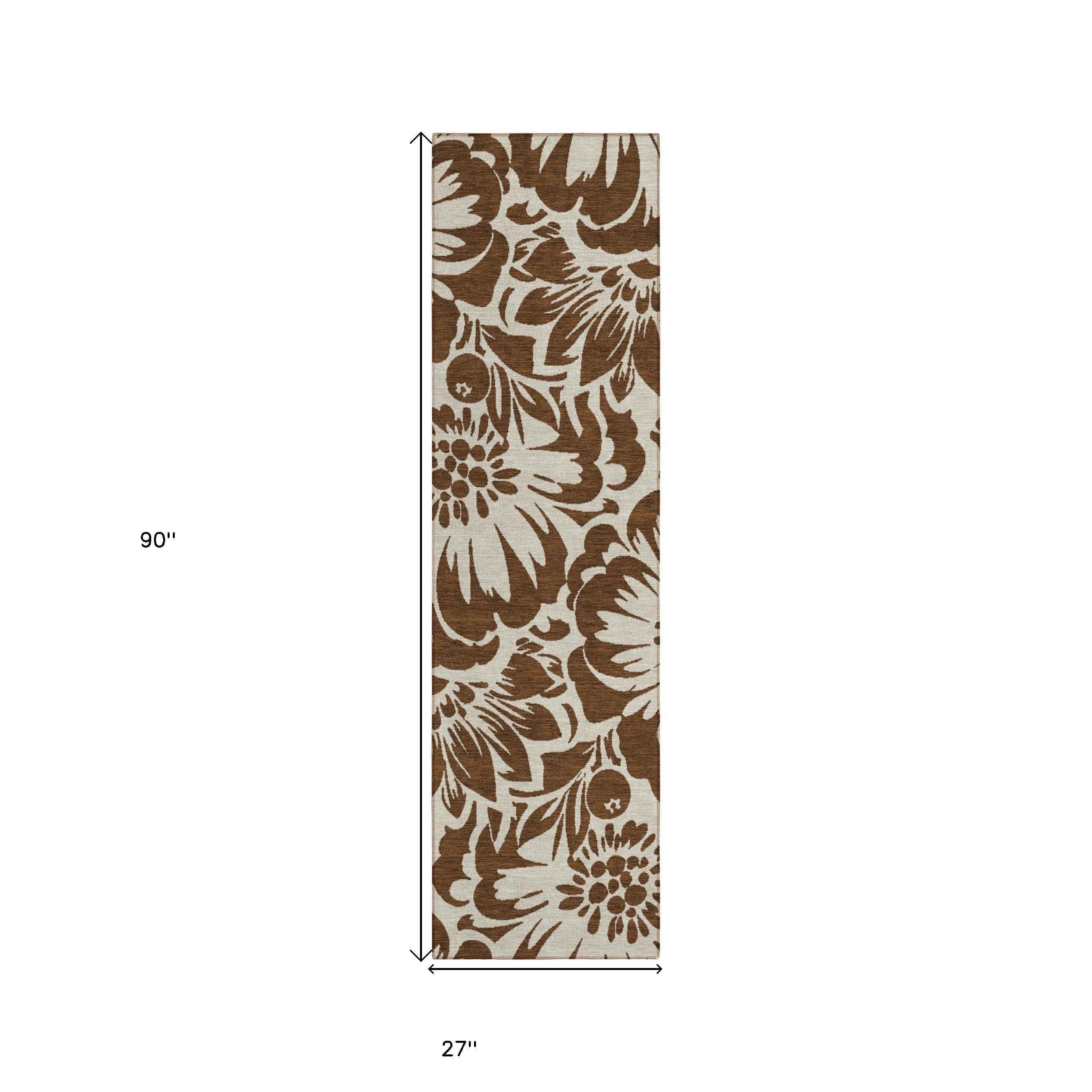 8' Brown And Ivory Floral Washable Indoor Outdoor Runner Rug