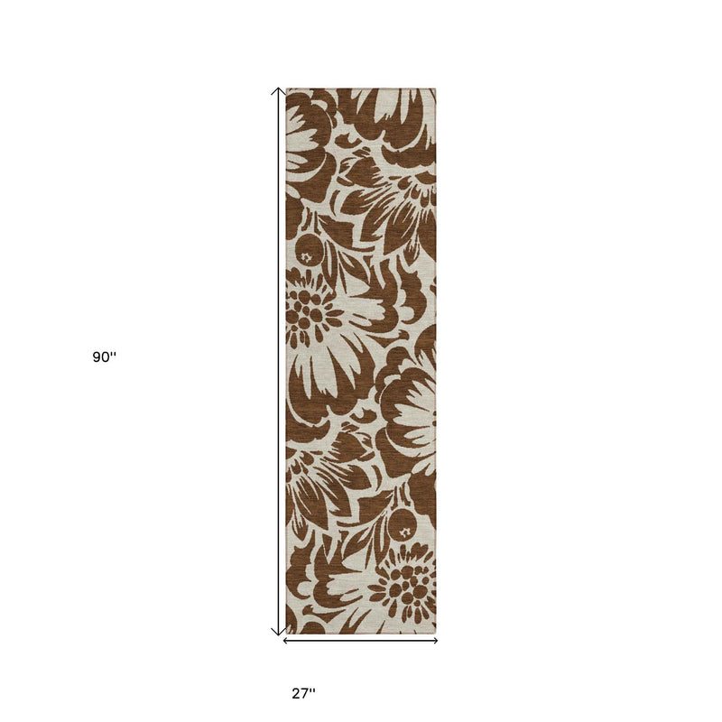 8' Brown And Ivory Floral Washable Indoor Outdoor Runner Rug