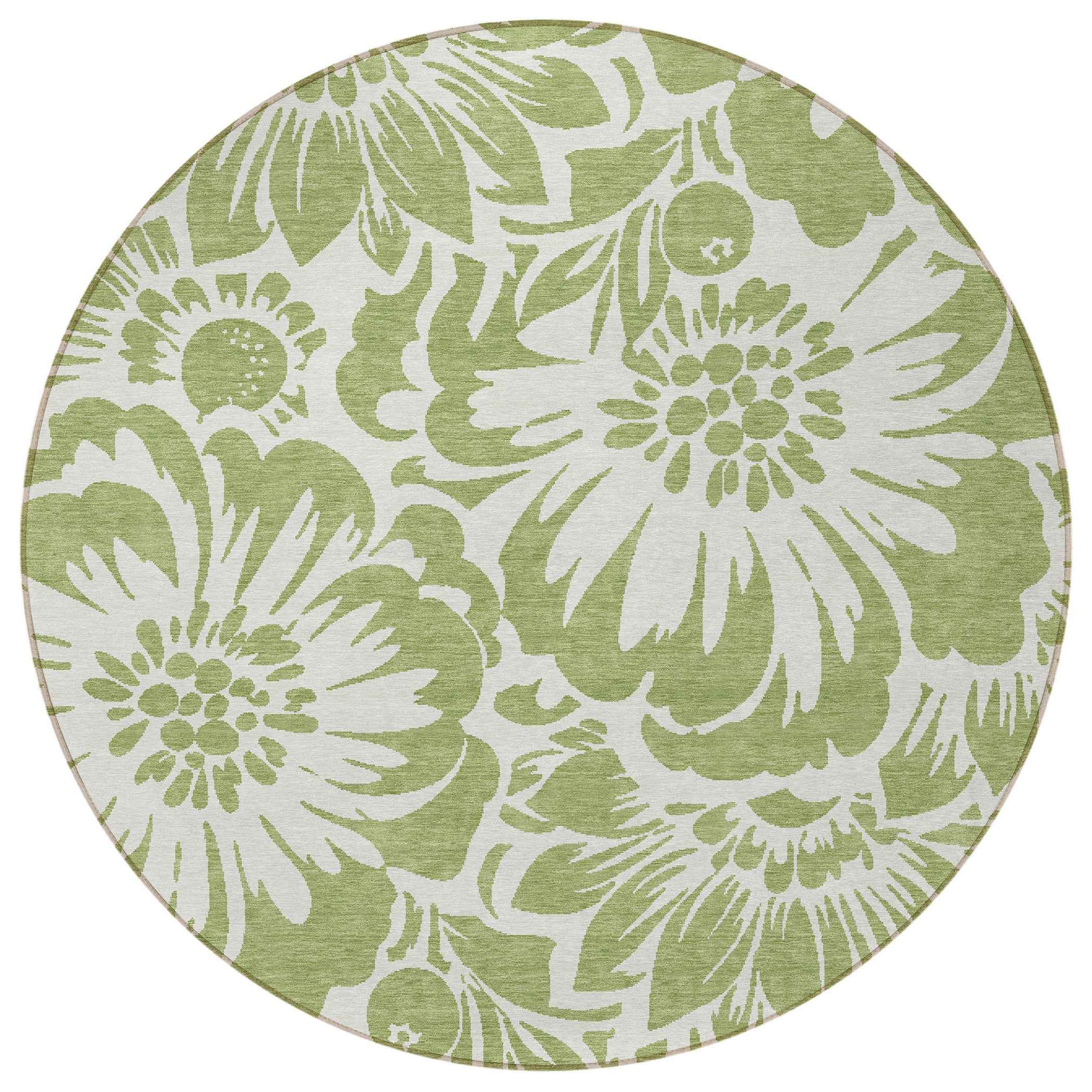 8' Round Green and Ivory Round Floral Washable Non Skid Indoor Outdoor Area Rug