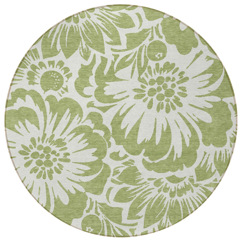 8' Round Green and Ivory Round Floral Washable Non Skid Indoor Outdoor Area Rug