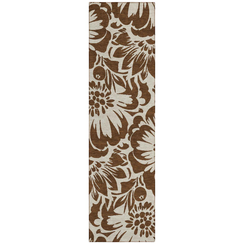 8' Brown And Ivory Floral Washable Indoor Outdoor Runner Rug