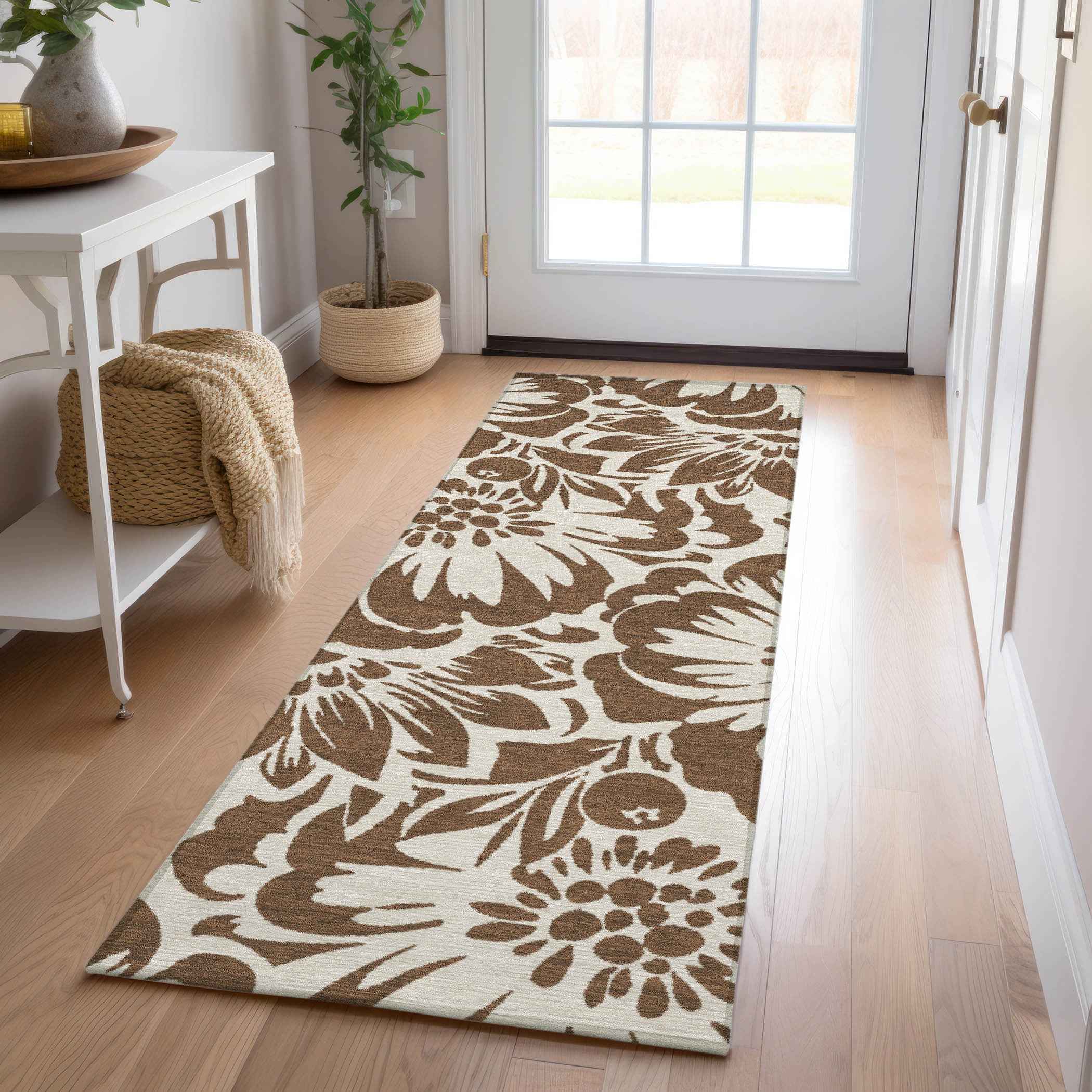 8' Brown And Ivory Floral Washable Indoor Outdoor Runner Rug