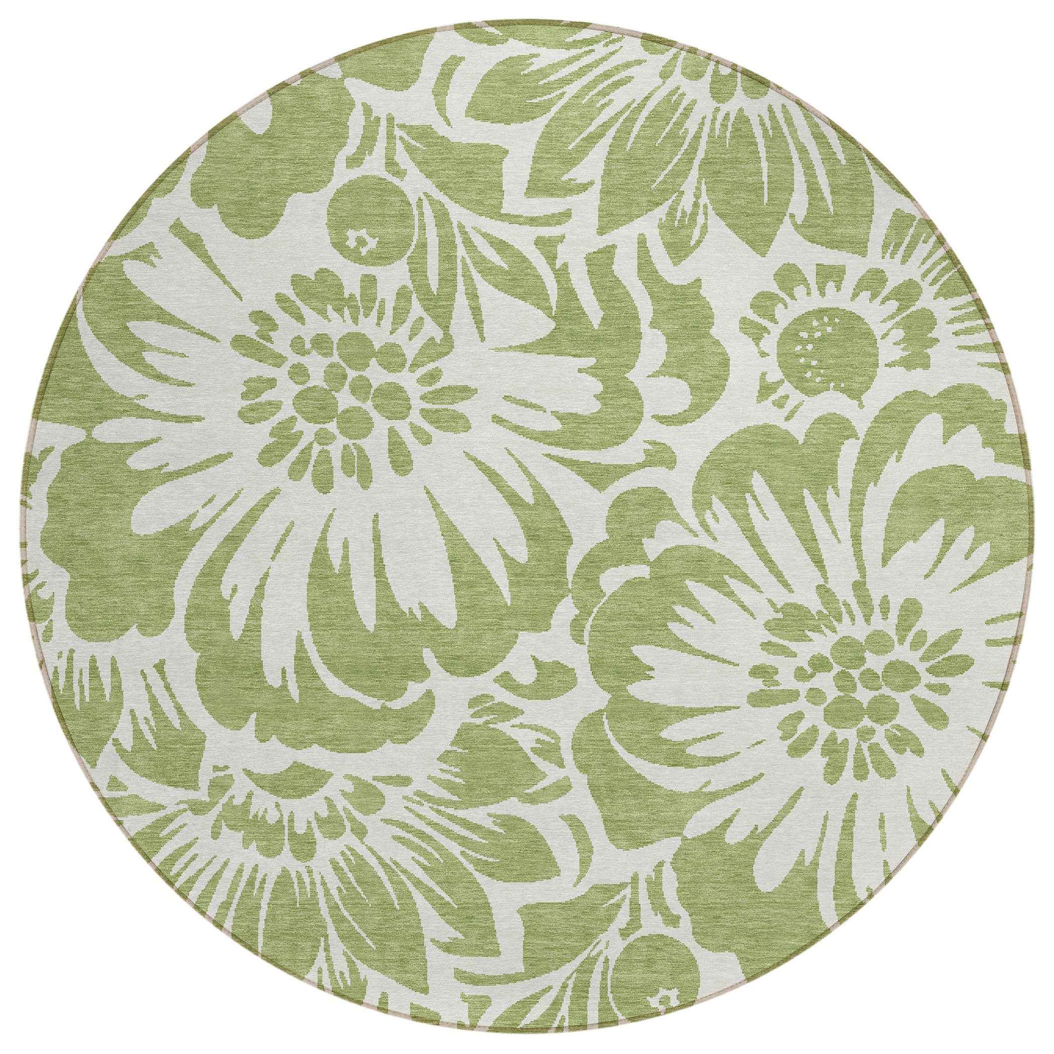 8' Round Green and Ivory Round Floral Washable Non Skid Indoor Outdoor Area Rug