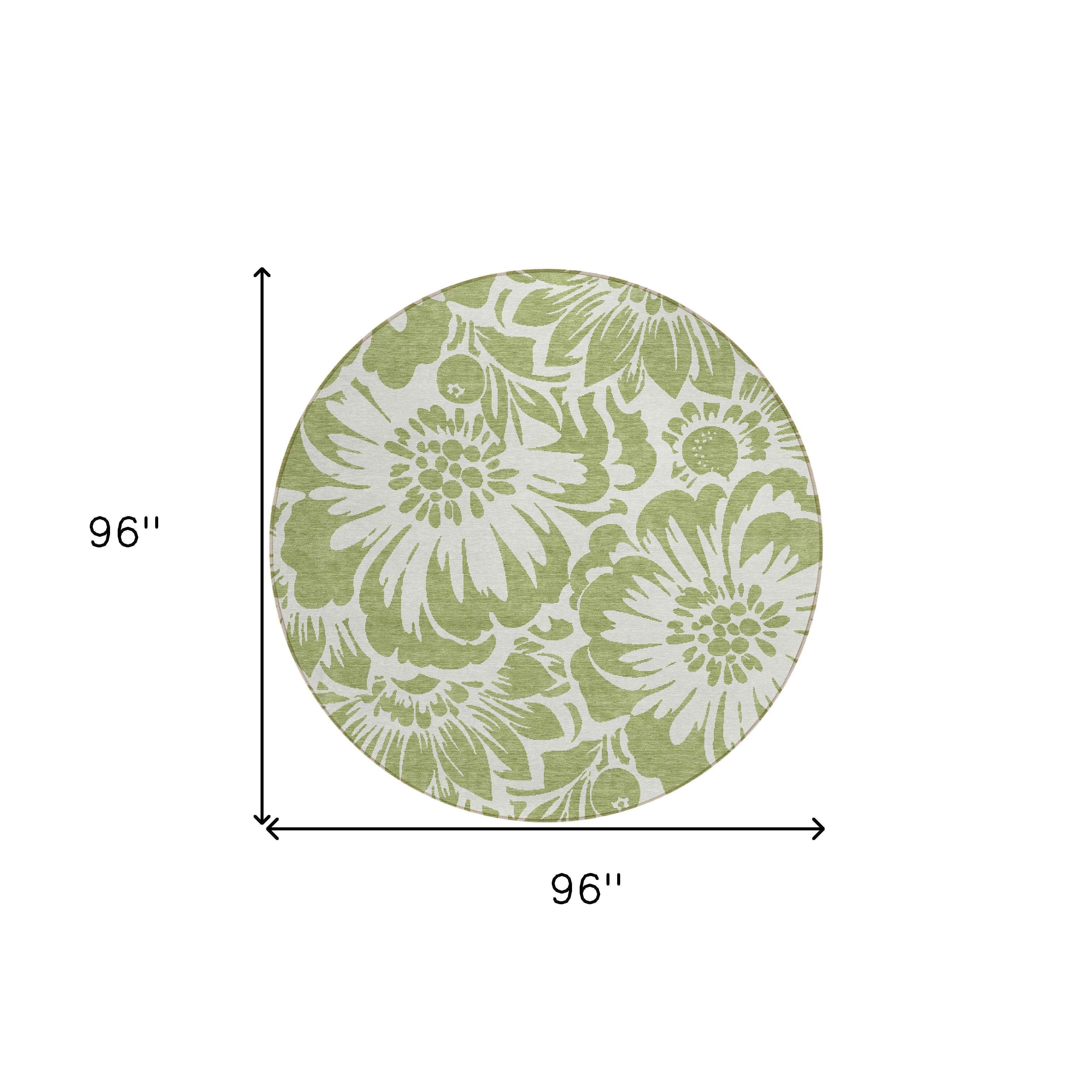 8' Round Green and Ivory Round Floral Washable Non Skid Indoor Outdoor Area Rug